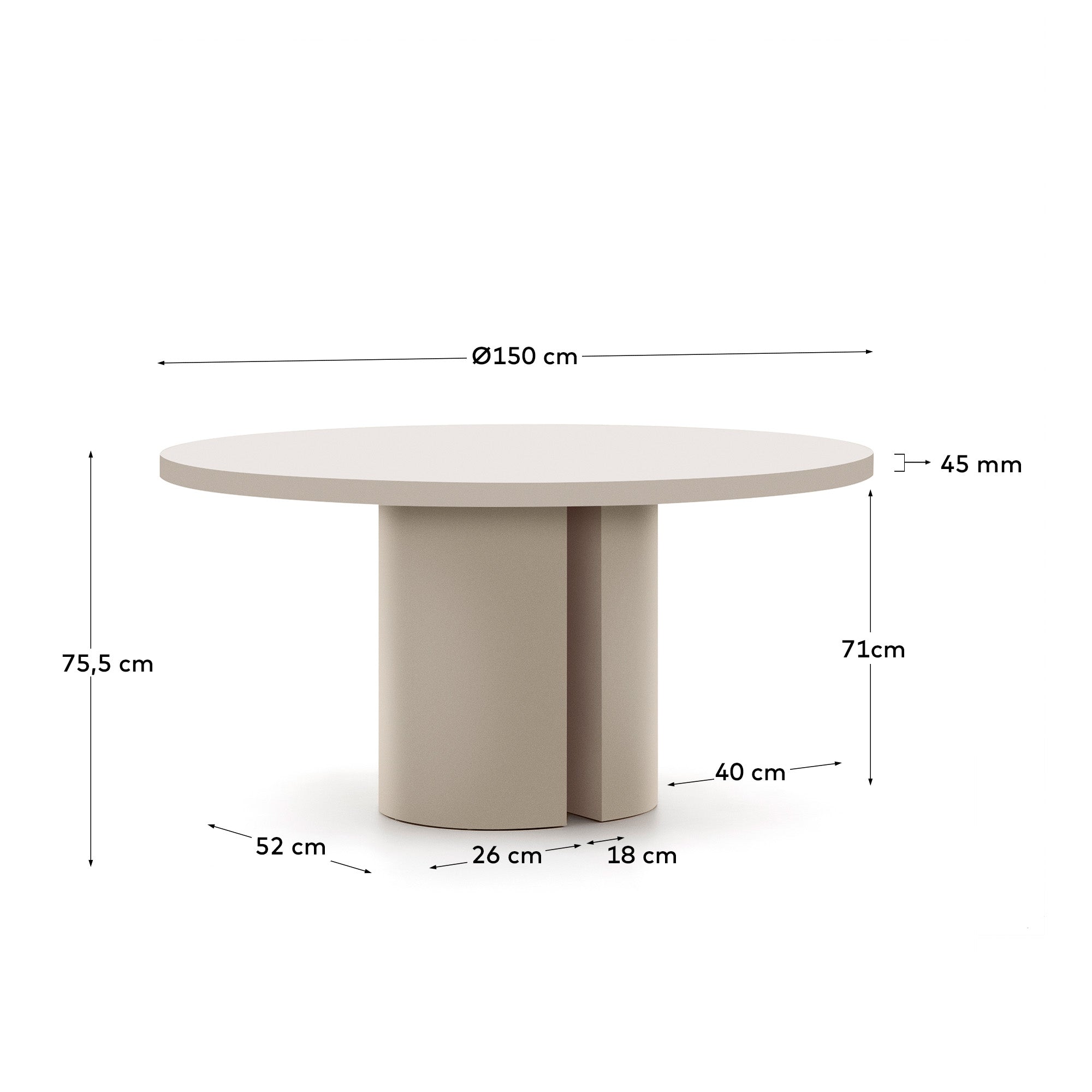 Nealy round table in lacquered MDF in an ecru finish, Ø 150 cm - Measurements