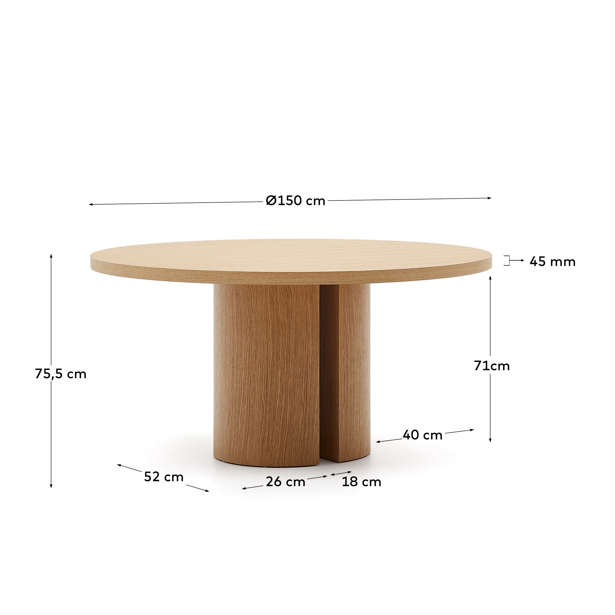 Nealy round table with an oak veneer in a natural finish, Ø 150 cm - Measurements