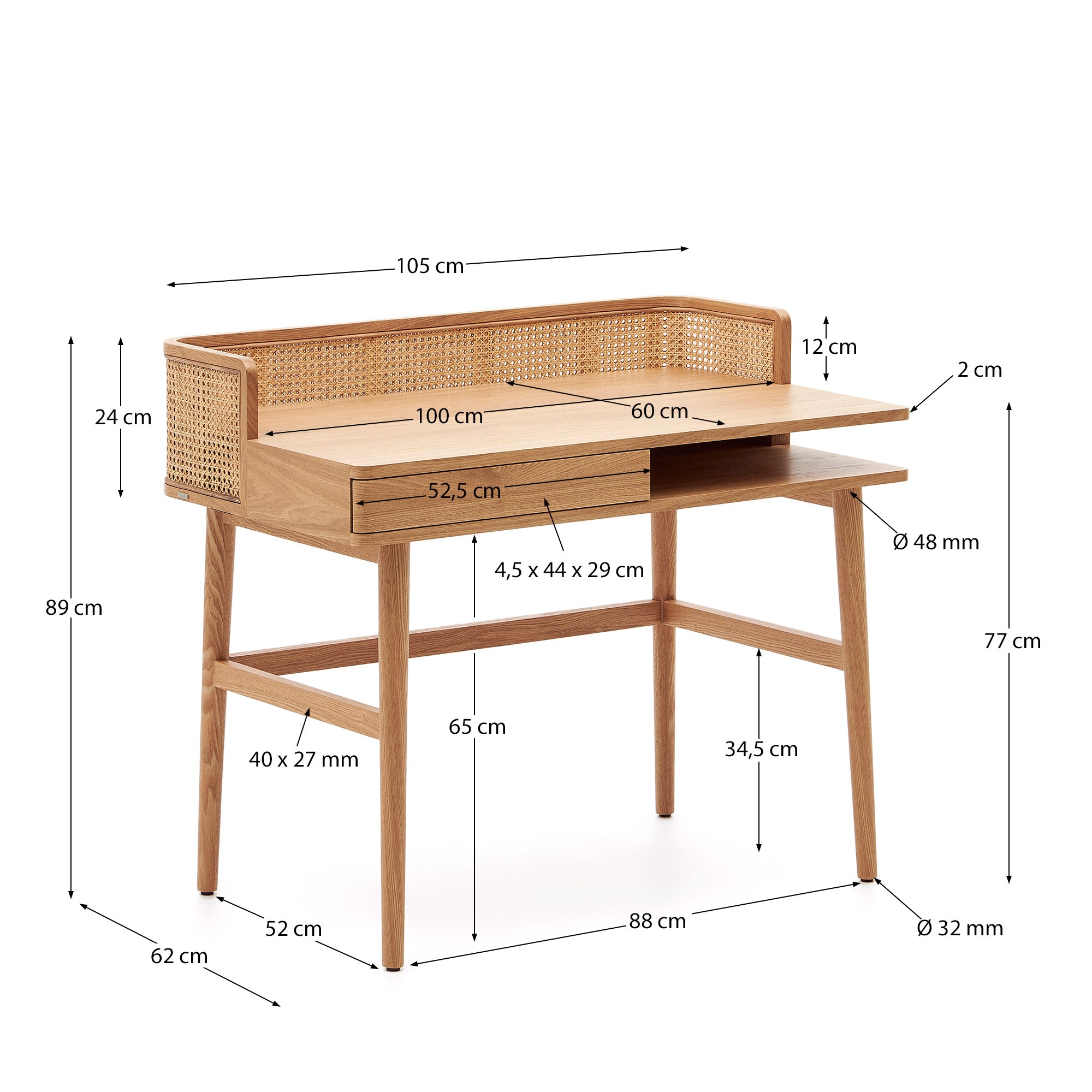 Araxi table in veneer, solid ash wood and rattan 105 x 62 cm - Measurements