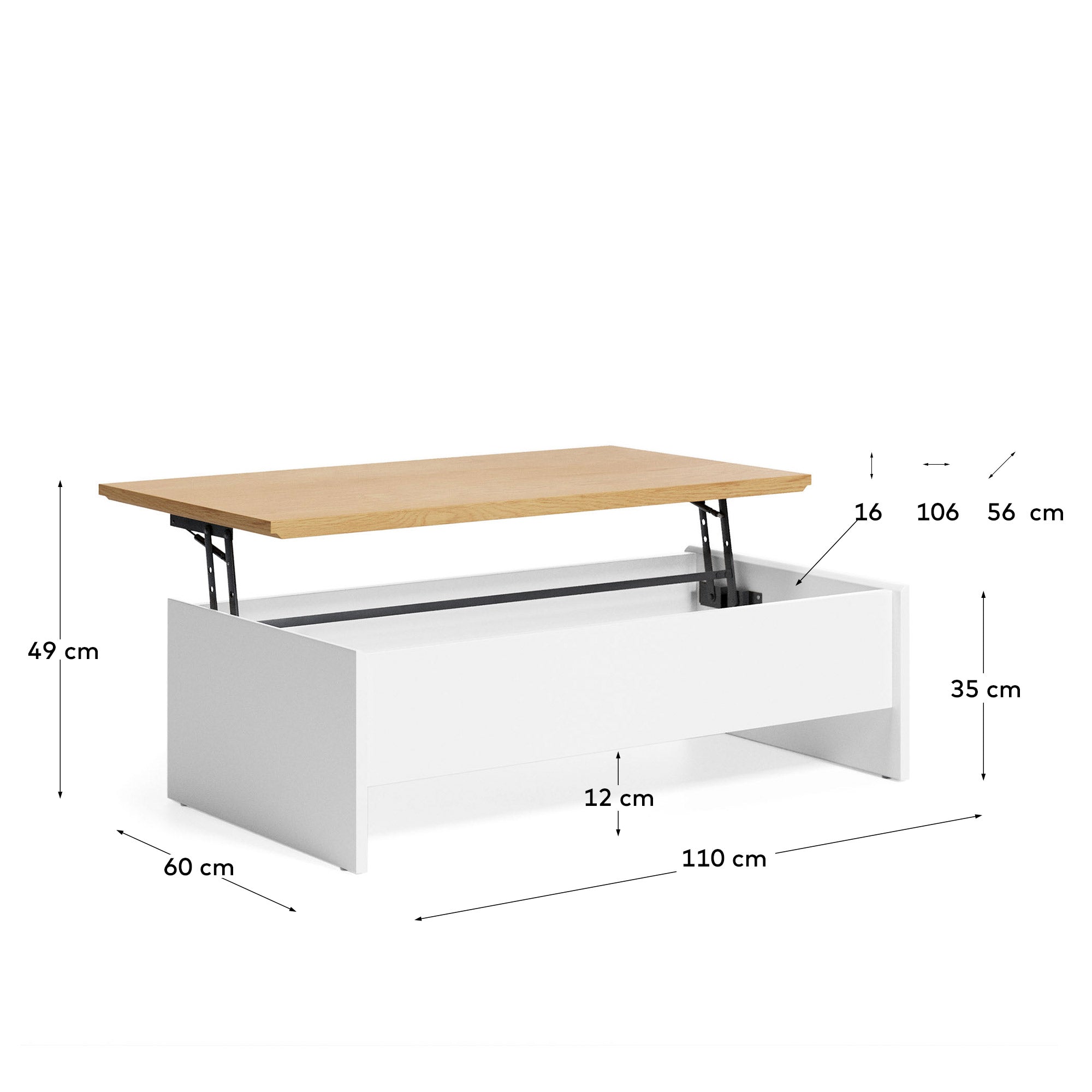 Abilen oak wood with white lacquer lift-up coffee table 110 x 60 cm FSC 100% - Measurements