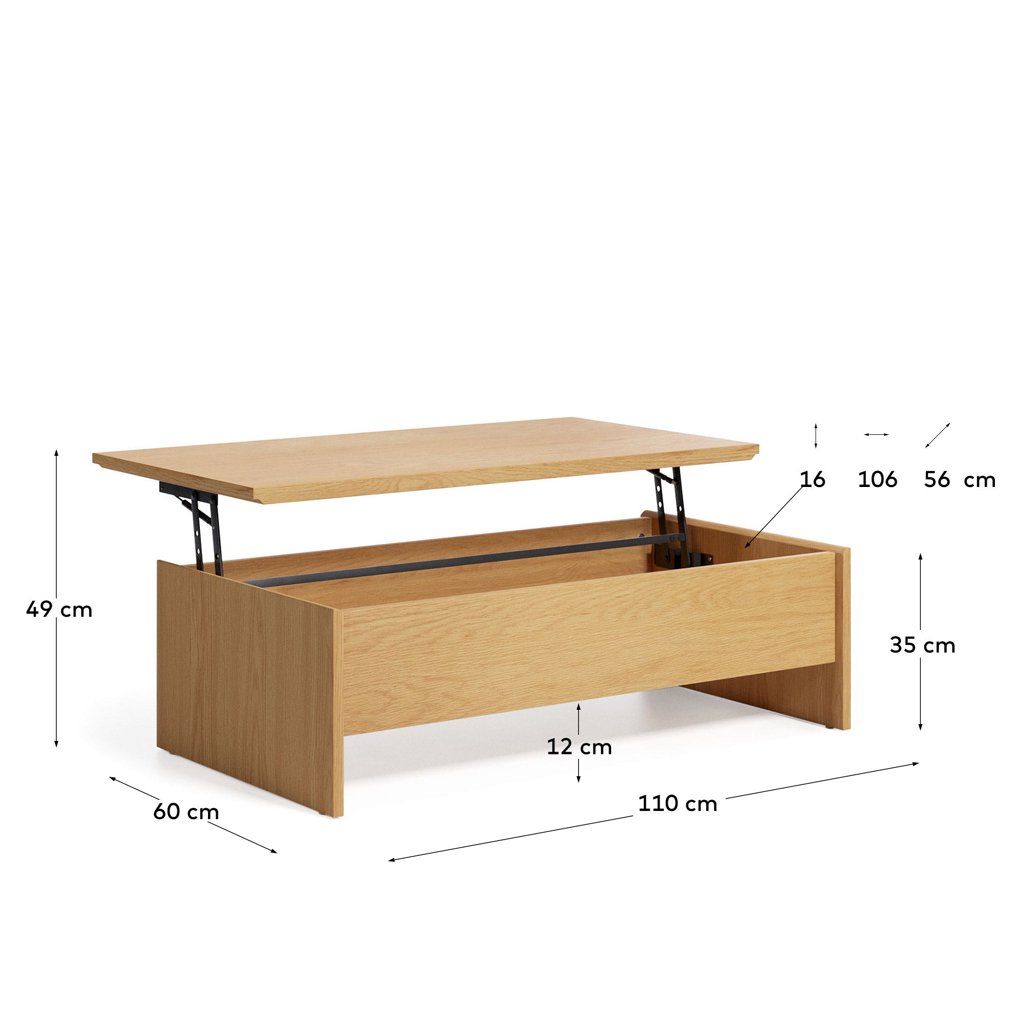 Abilen oak wood lift-up coffee table 110 x 60 cm FSC 100% - Measurements