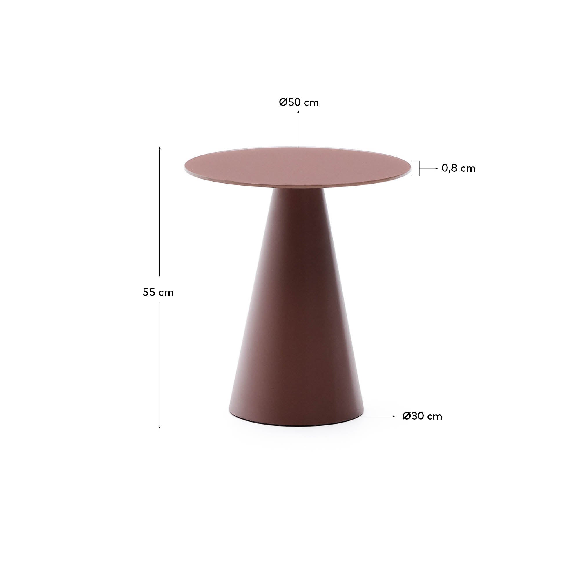 Wilshire side table with frosted tempered glass and matt terracotta painted steel finish Ø50cm - Measurements