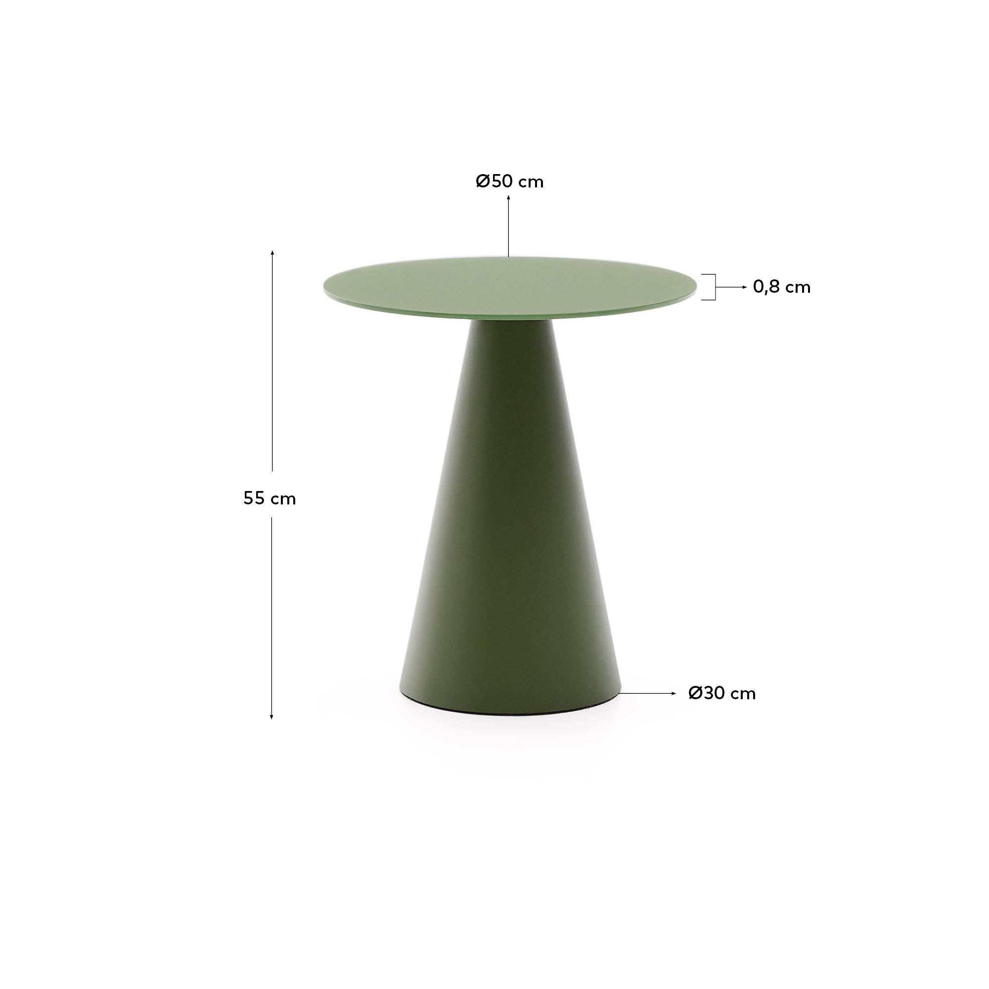 Wilshire side table with frosted tempered glass and matt green painted steel finish Ø50cm - Measurements