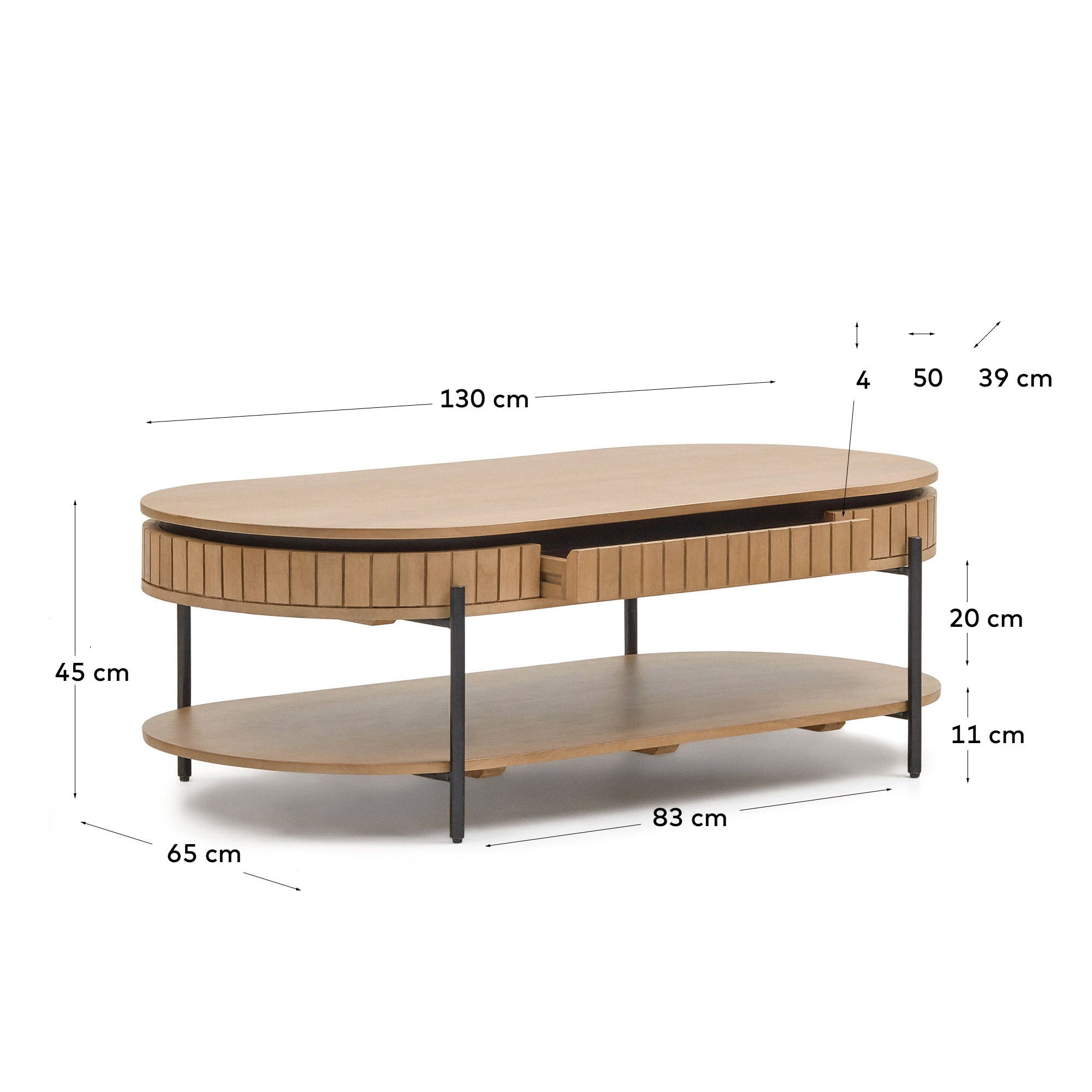 Licia mango wood coffee table with 1 drawer, with a natural finish and metal, 130 x 65 cm - Measurements