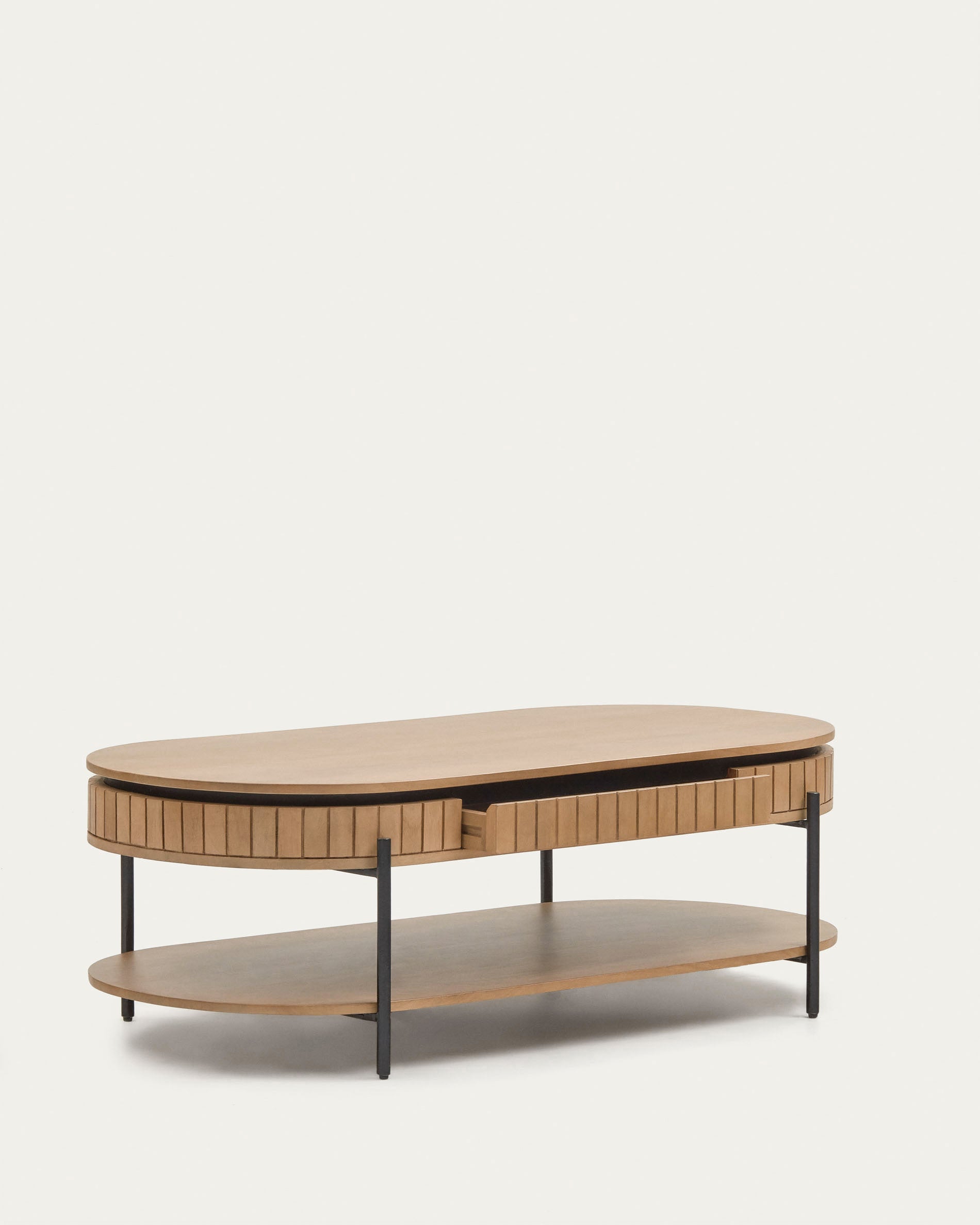 Licia mango wood coffee table with 1 drawer, with a natural finish and metal, 130 x 65 cm - Product View