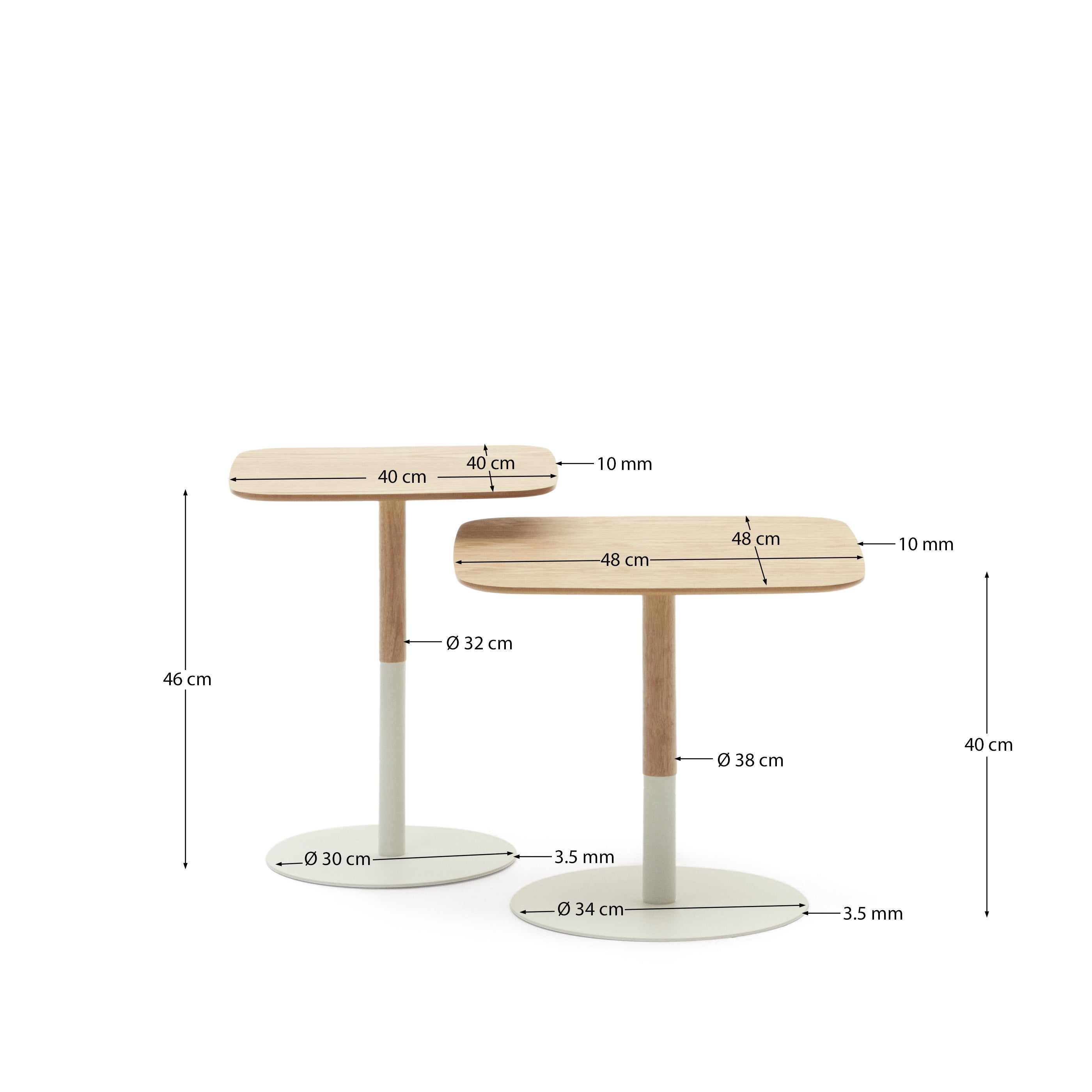 Watse set of 2 side tables in oak wood veneer and matte white metal - Measurements