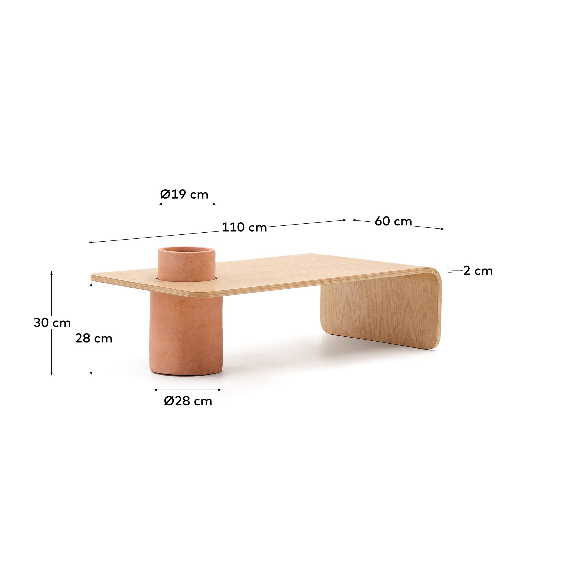 Olaria terracotta coffee table with an oak veneer in a natural finish, 110 x 60 cm - Measurements