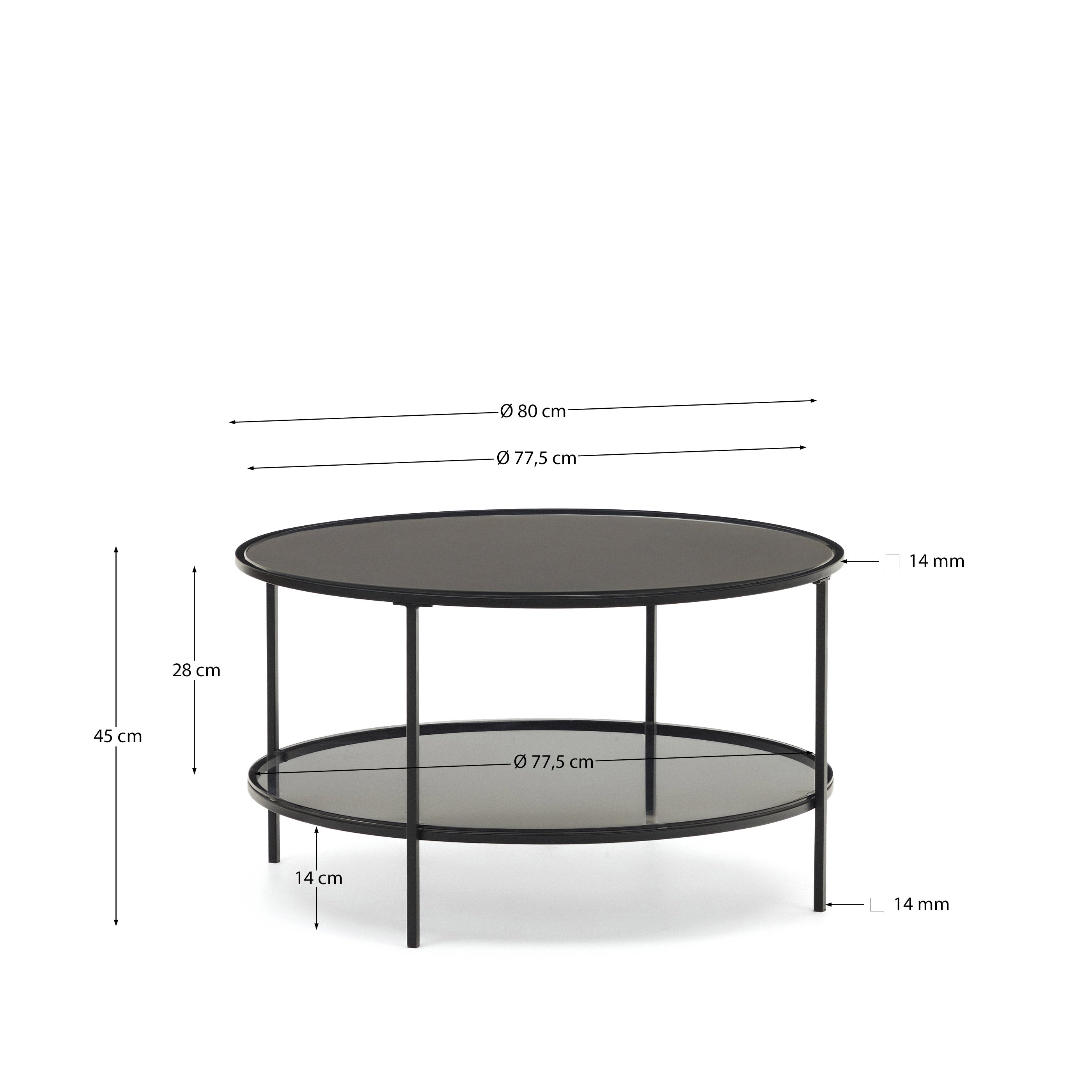 Gilda tempered glass and metal coffee table with a matte black finish, Ø 80 cm - Measurements