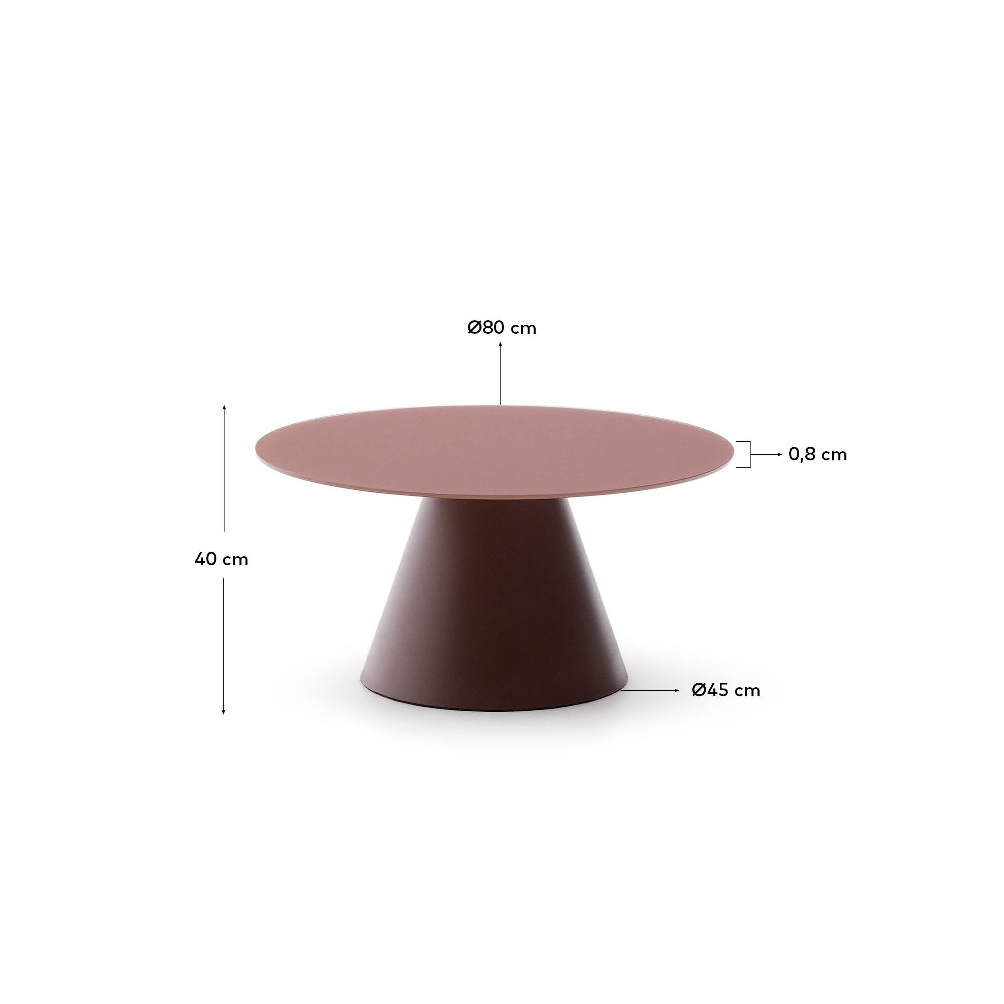 Wilshire coffee table with frosted tempered glass and matt terracotta painted steel finish Ø80cm - Measurements