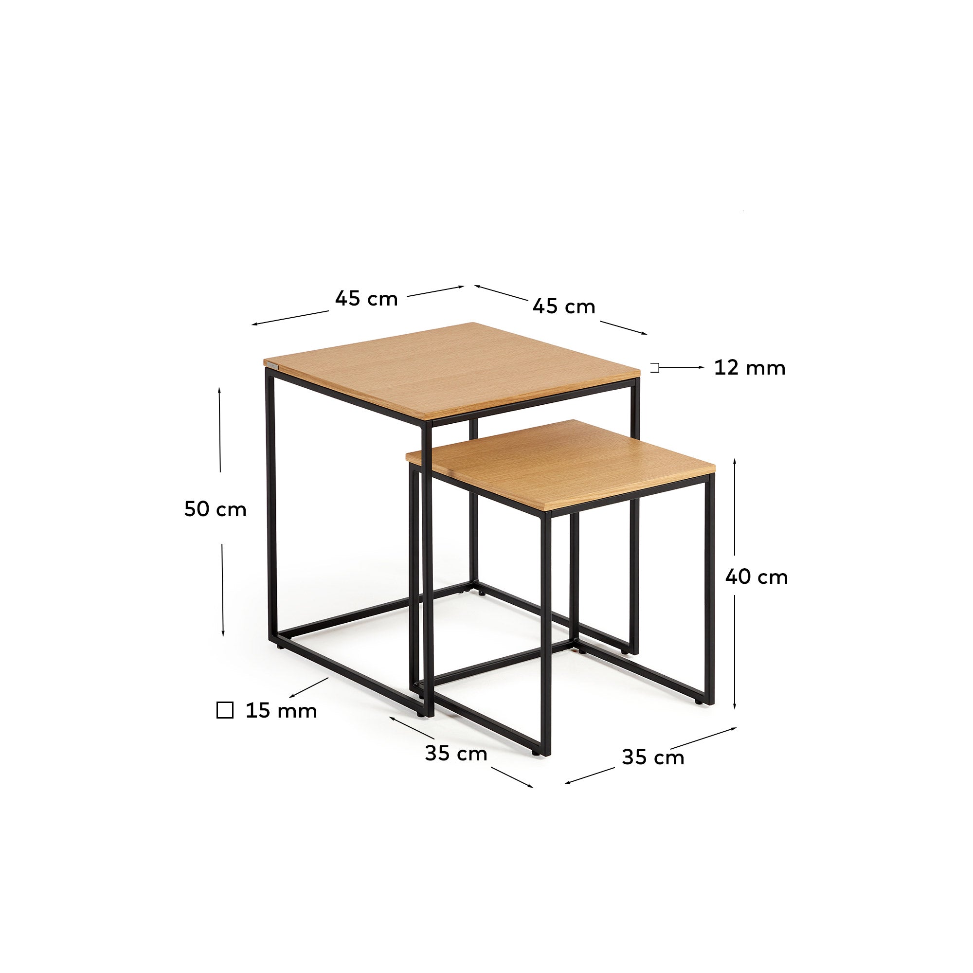 Yoana set of 2 nesting side tables with oak wood veneer and black painted metal structure - Measurements
