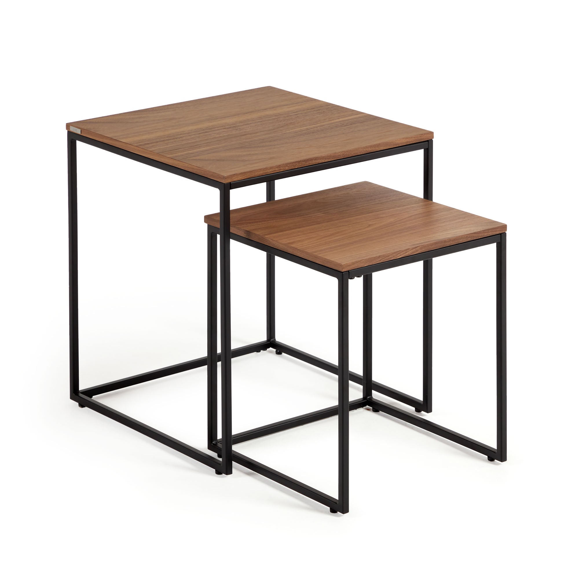 Yoana set of 2 nesting side tables with a walnut veneer and black painted metal structure - Product Image