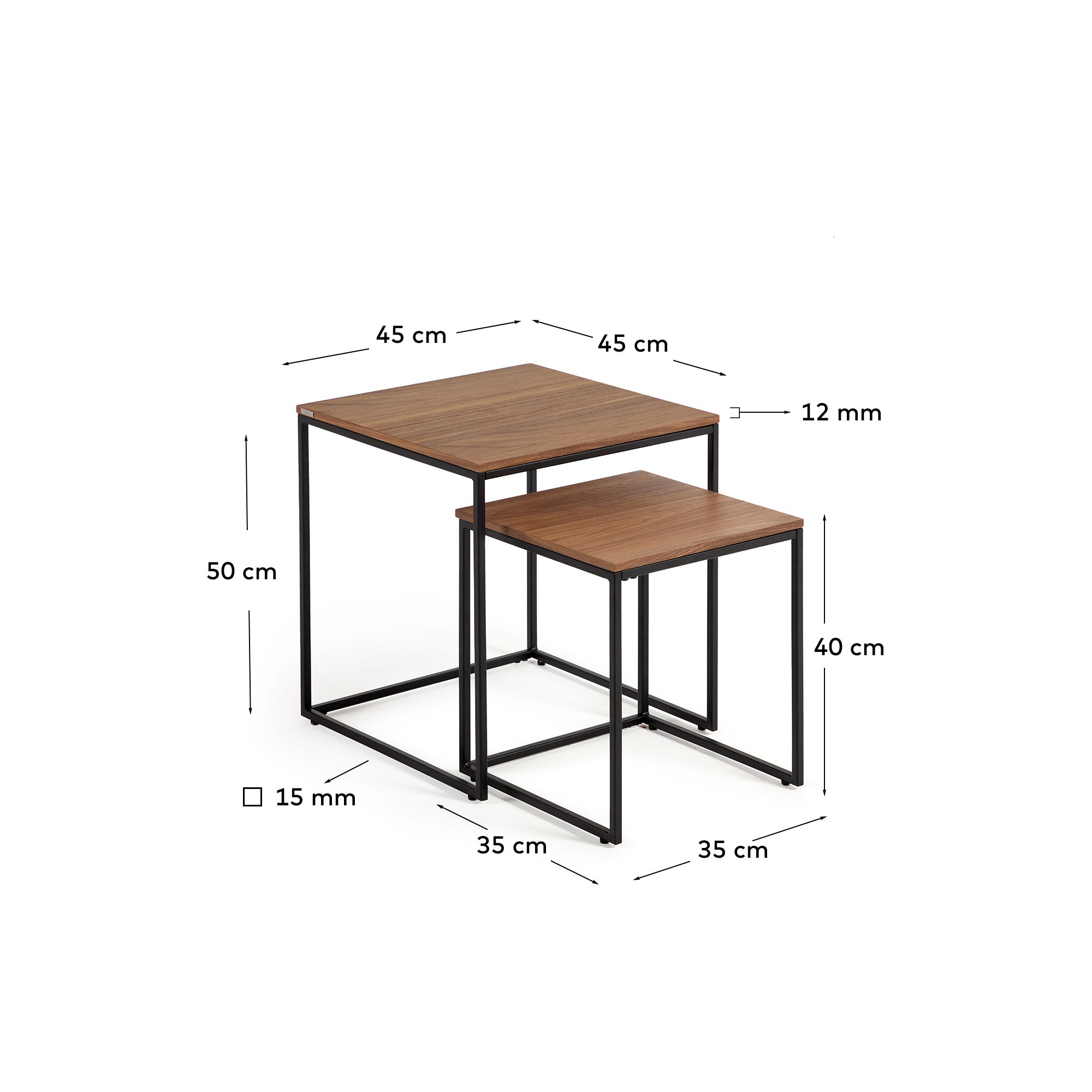 Yoana set of 2 nesting side tables with a walnut veneer and black painted metal structure - Measurements