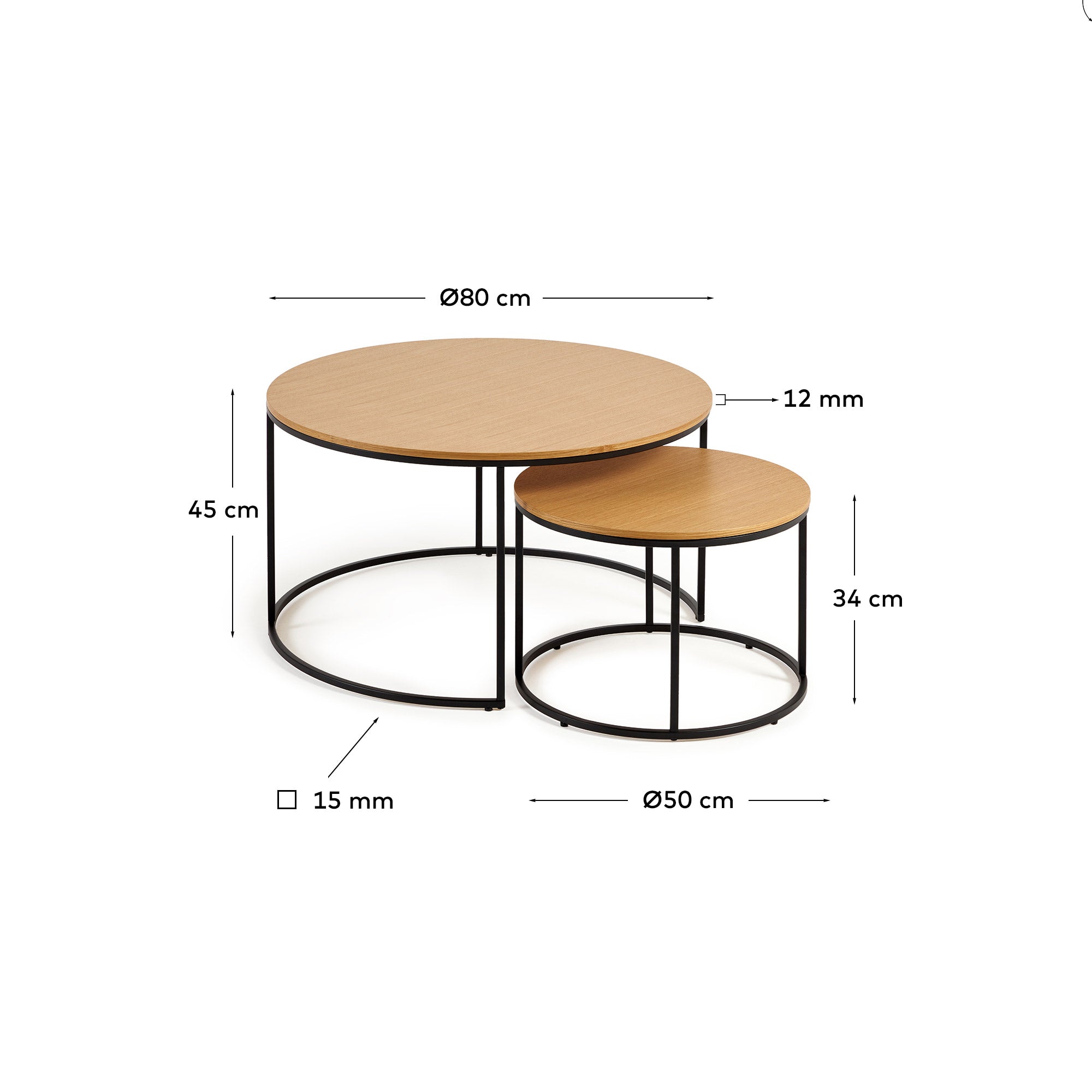 Yoana set of 2 nesting side tables with oak wood veneer & black metal, Ø 80 cm / Ø 50 cm - Measurements
