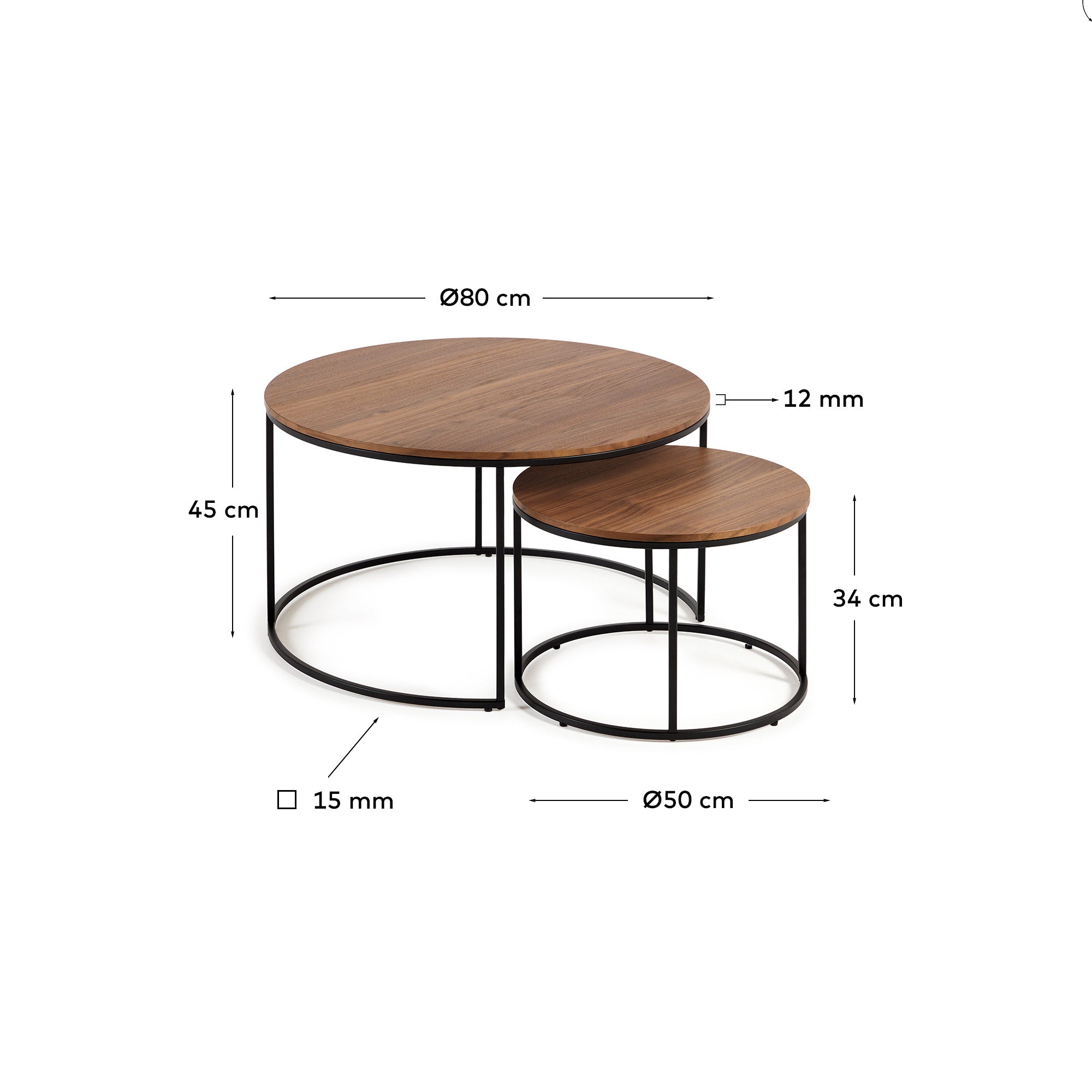 Yoana set of 2 nesting side tables with walnut veneer and black metal, Ø 80 cm / Ø 50 cm - Measurements