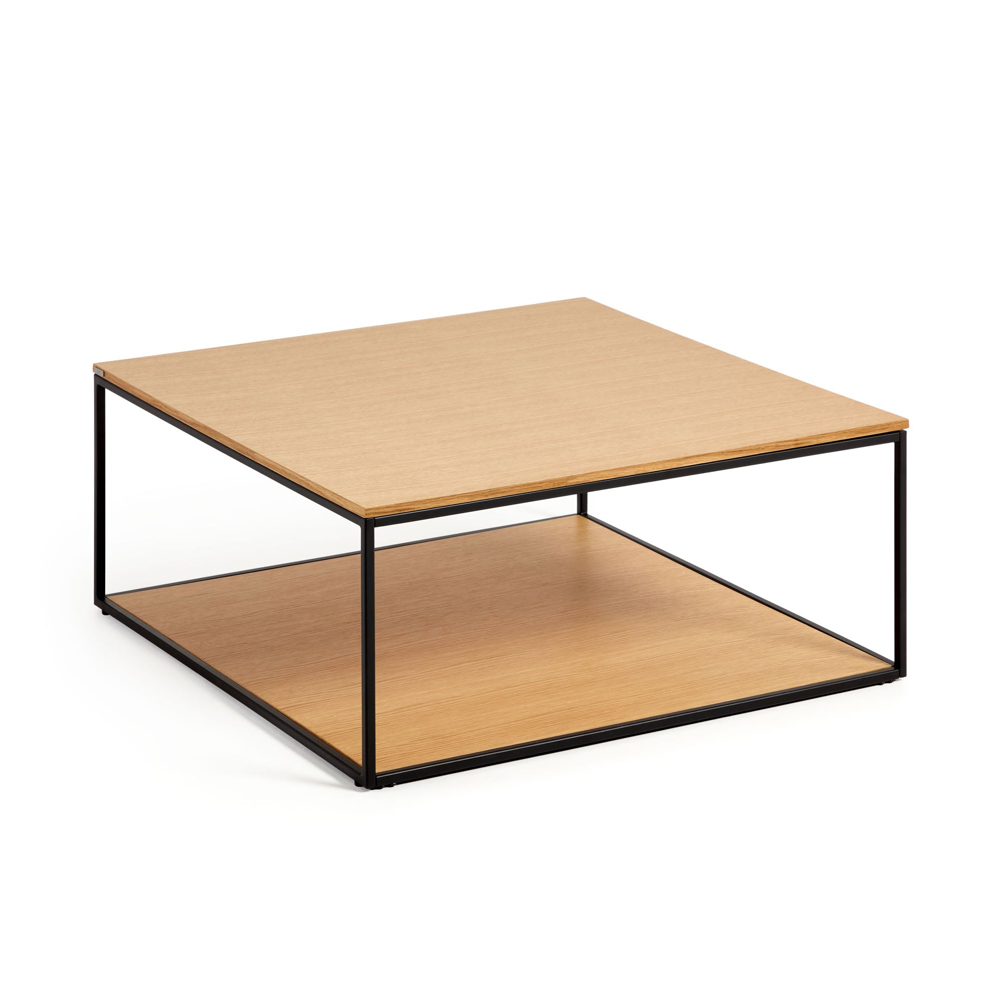 Yoana coffee table with oak wood veneer and painted black metal structure, 80 x 80 cm - Product Image