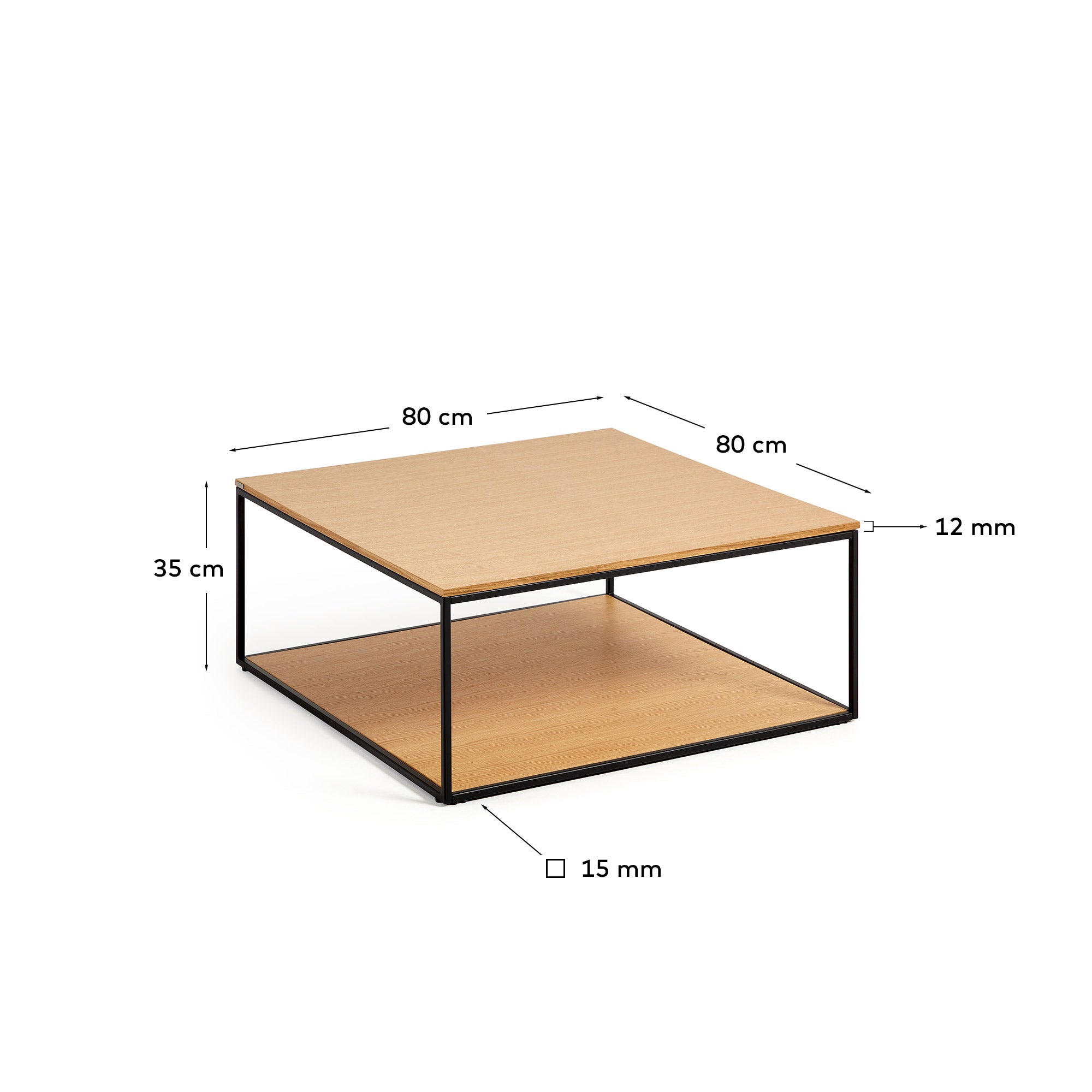 Yoana coffee table with oak wood veneer and painted black metal structure, 80 x 80 cm - Measurements