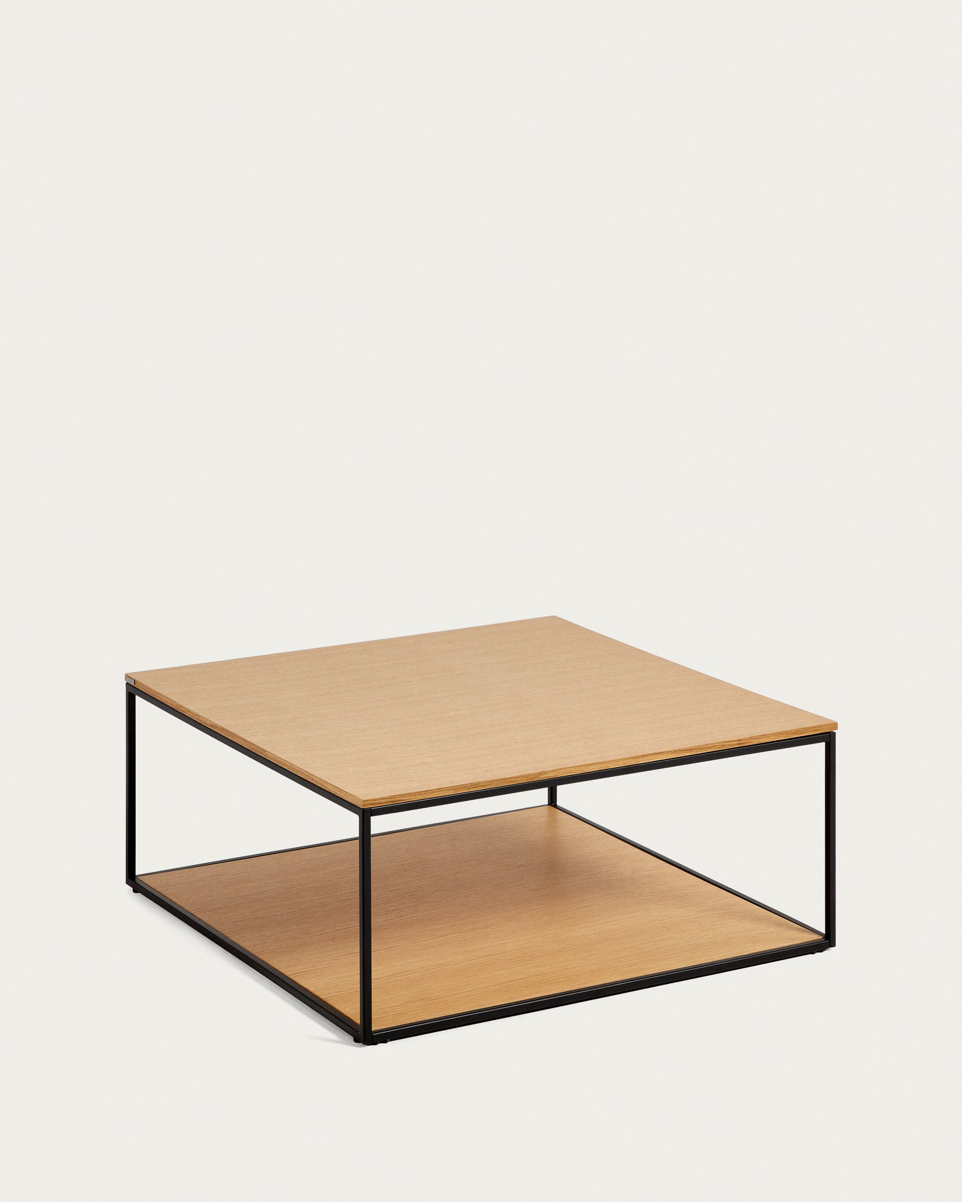 Yoana coffee table with oak wood veneer and painted black metal structure, 80 x 80 cm - Product View