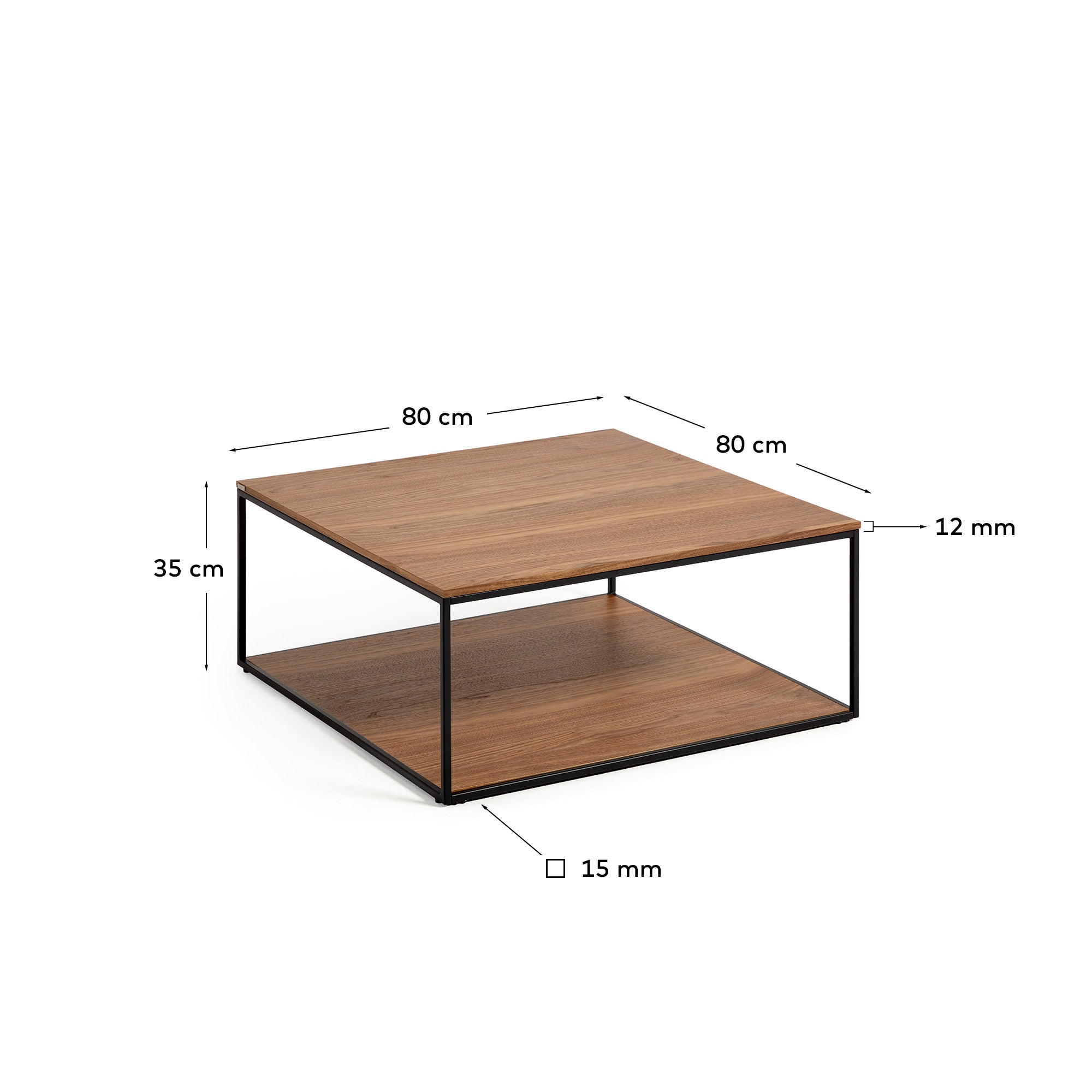 Yoana coffee table with walnut veneer and painted black metal structure, 80 x 80 cm - Measurements
