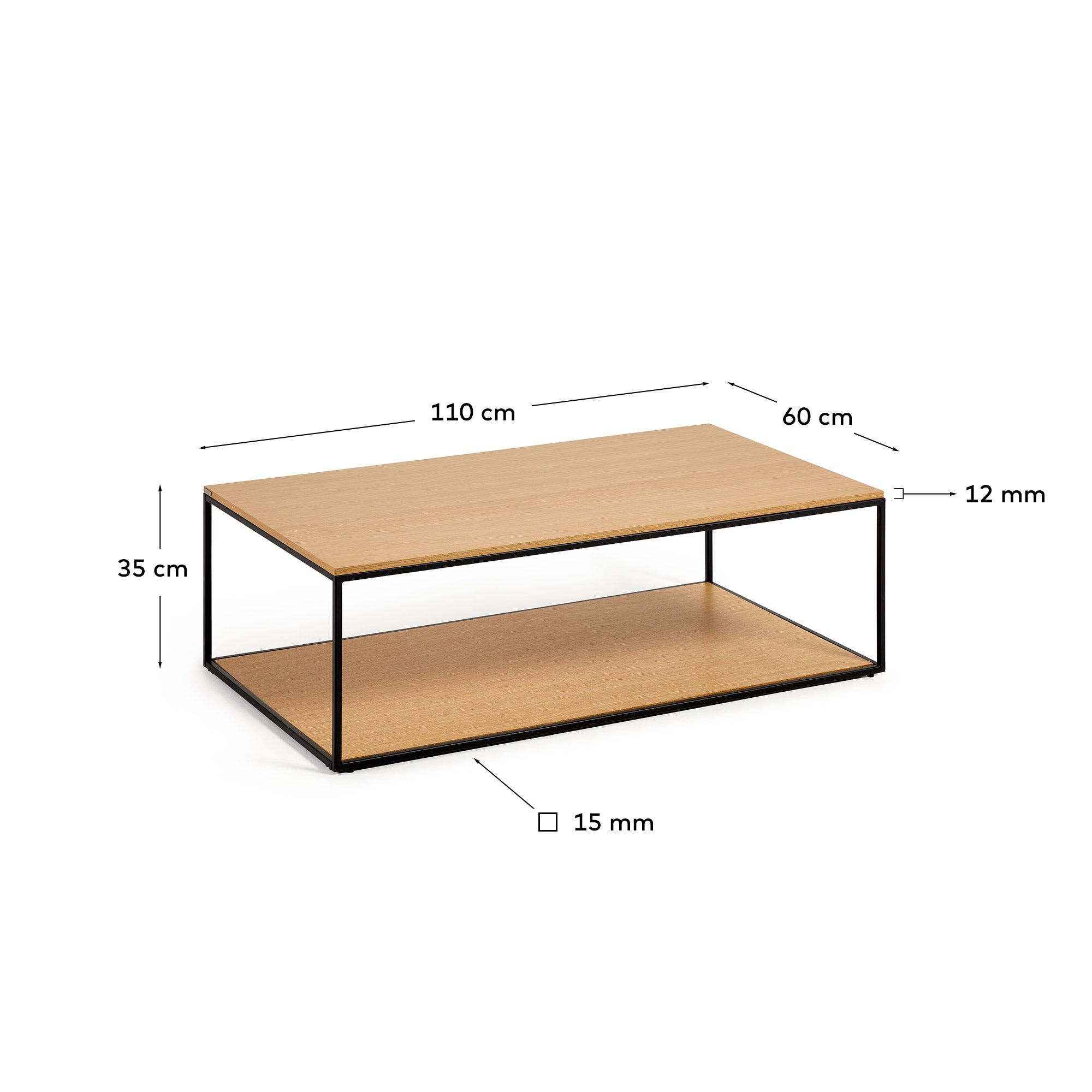 Yoana coffee table with oak wood veneer and painted black metal structure, 110 x 60 cm - Measurements