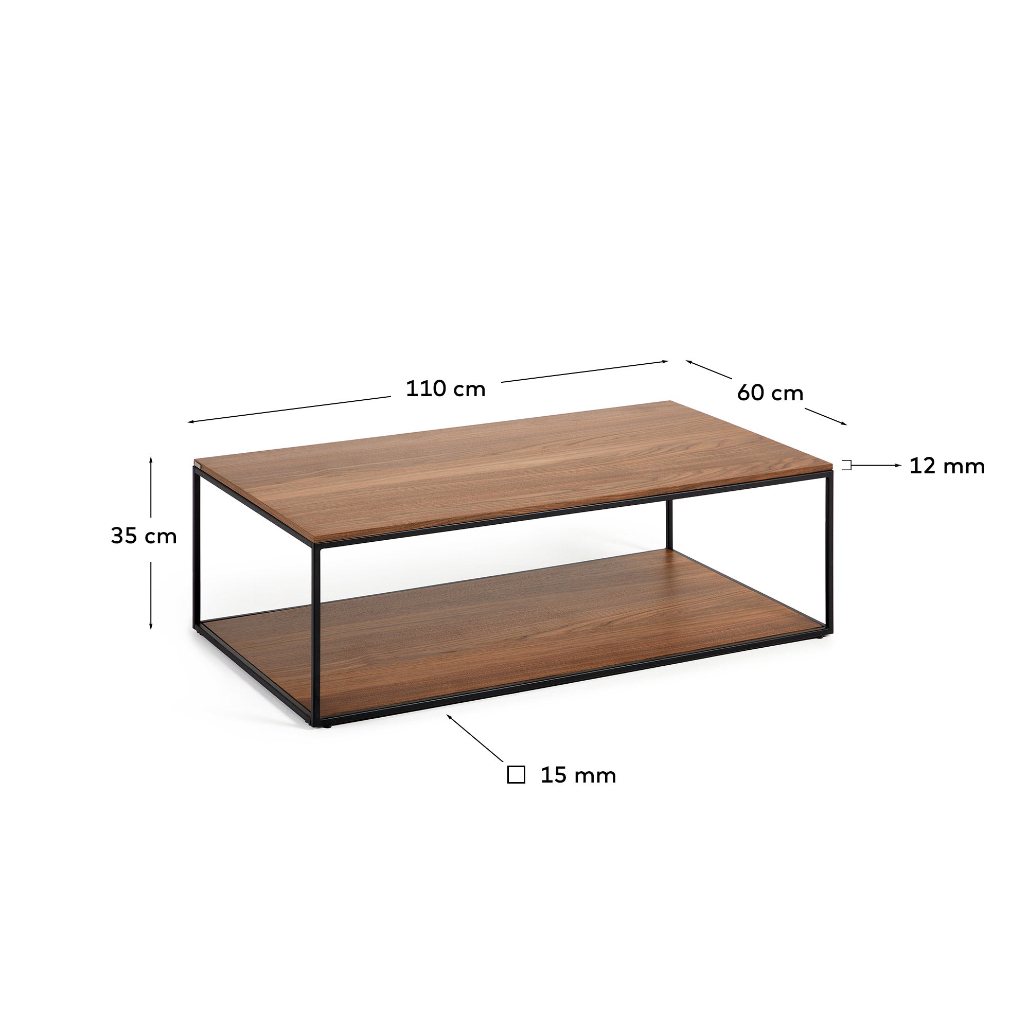 Yoana coffee table with oak walnut veneer and painted black metal structure, 110 x 60 cm - Measurements