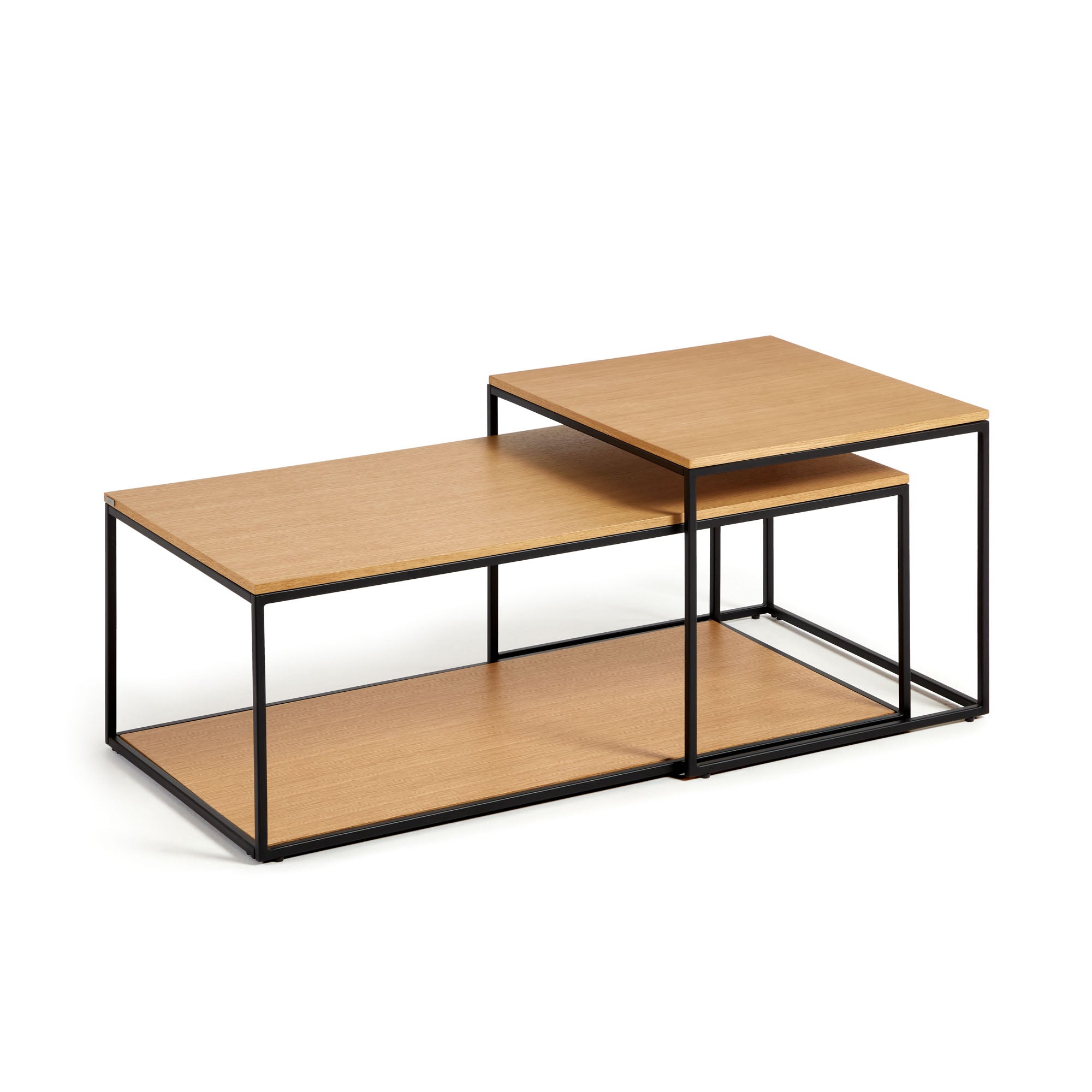 Yoana set of 2 nesting coffee tables with oak wood veneer & black painted metal structure - Product Image
