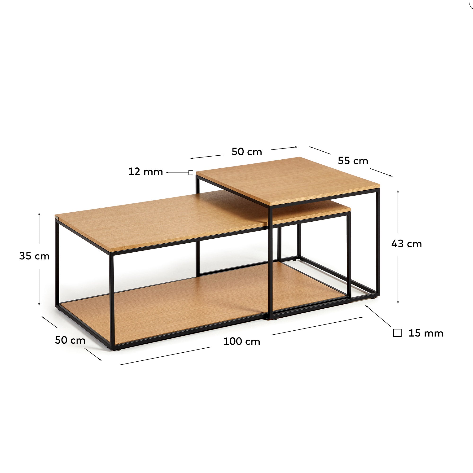 Yoana set of 2 nesting coffee tables with oak wood veneer & black painted metal structure - Measurements