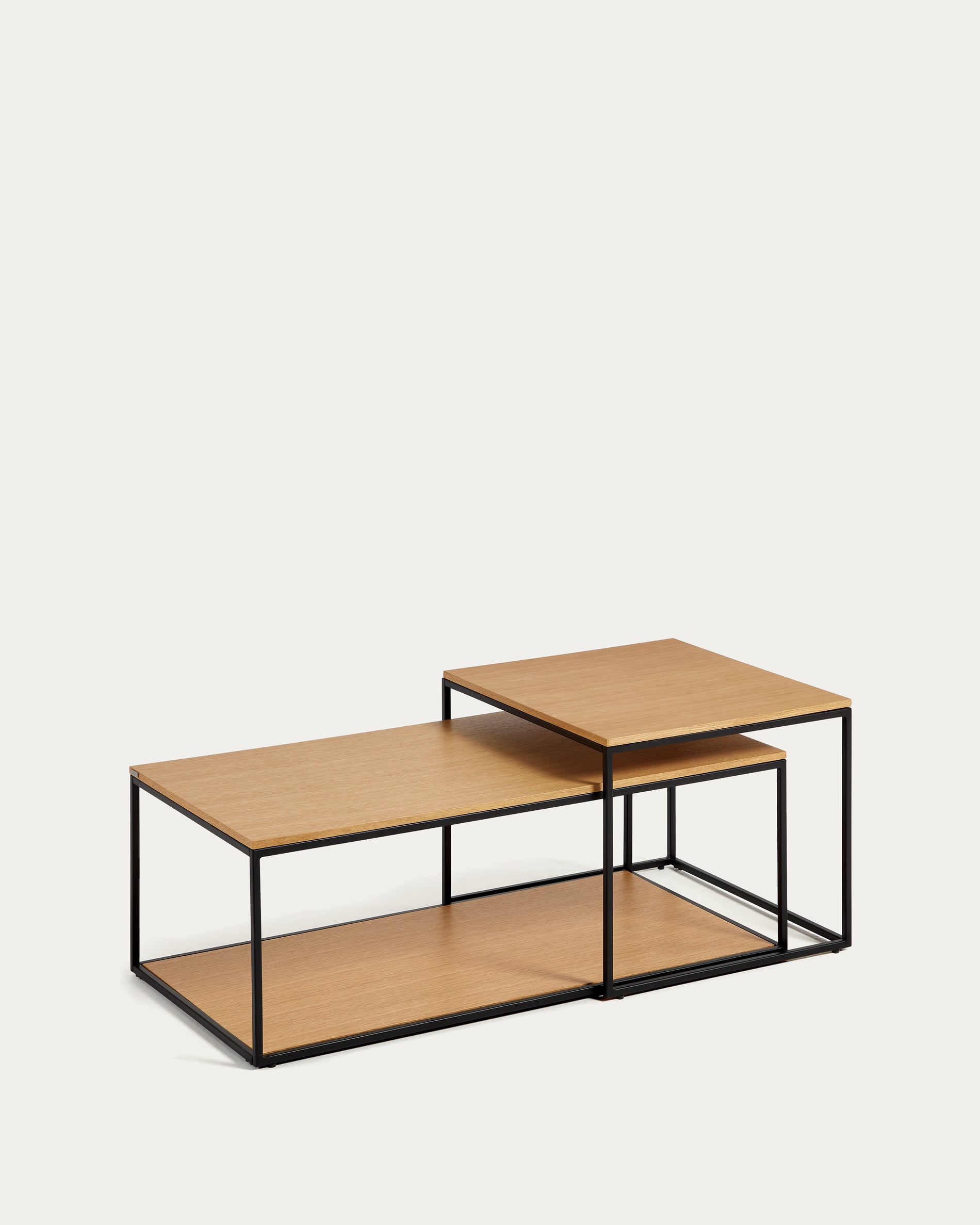 Yoana set of 2 nesting coffee tables with oak wood veneer & black painted metal structure - Product View