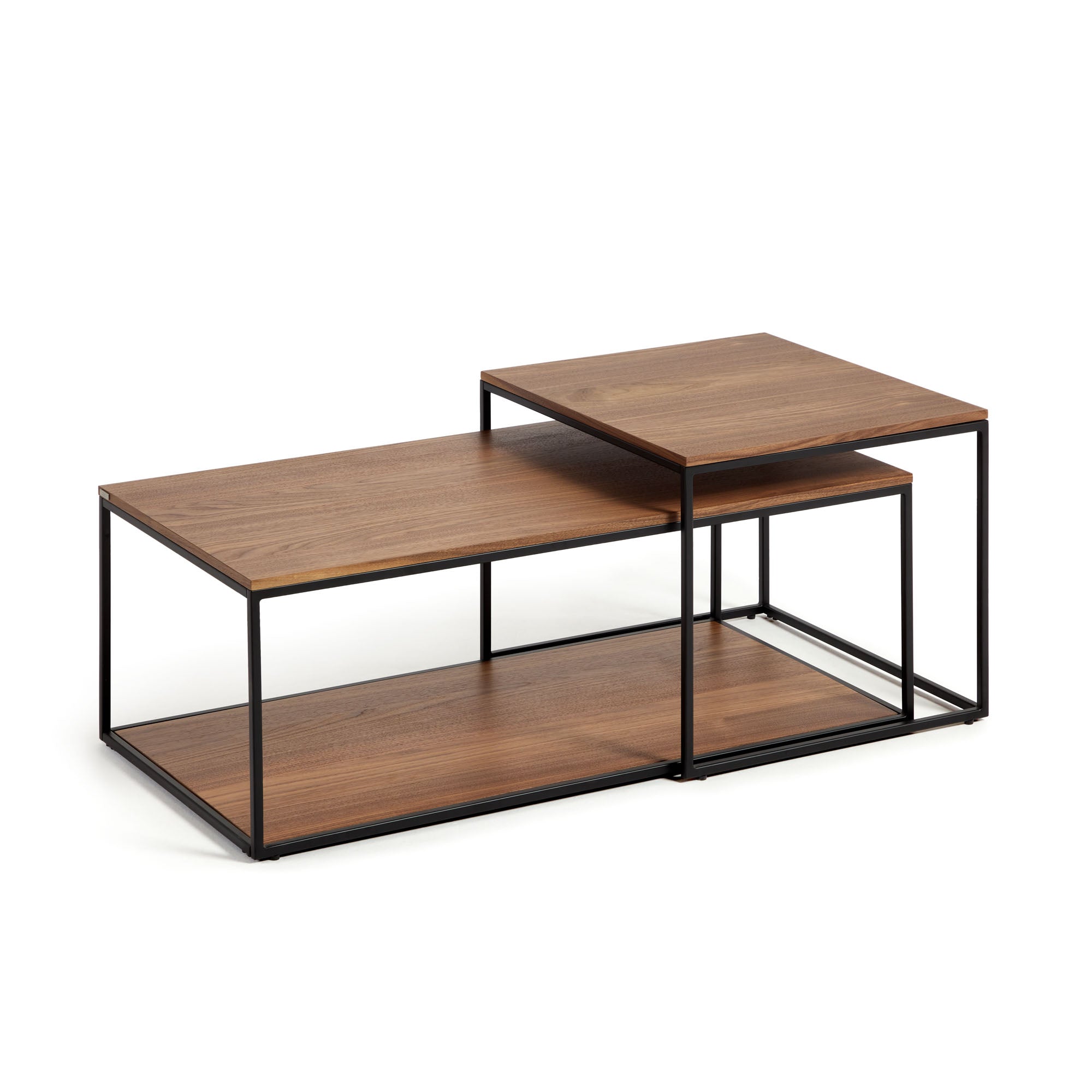 Yoana set of 2 nesting coffee tables with walnut veneer and black painted metal structure - Product Image