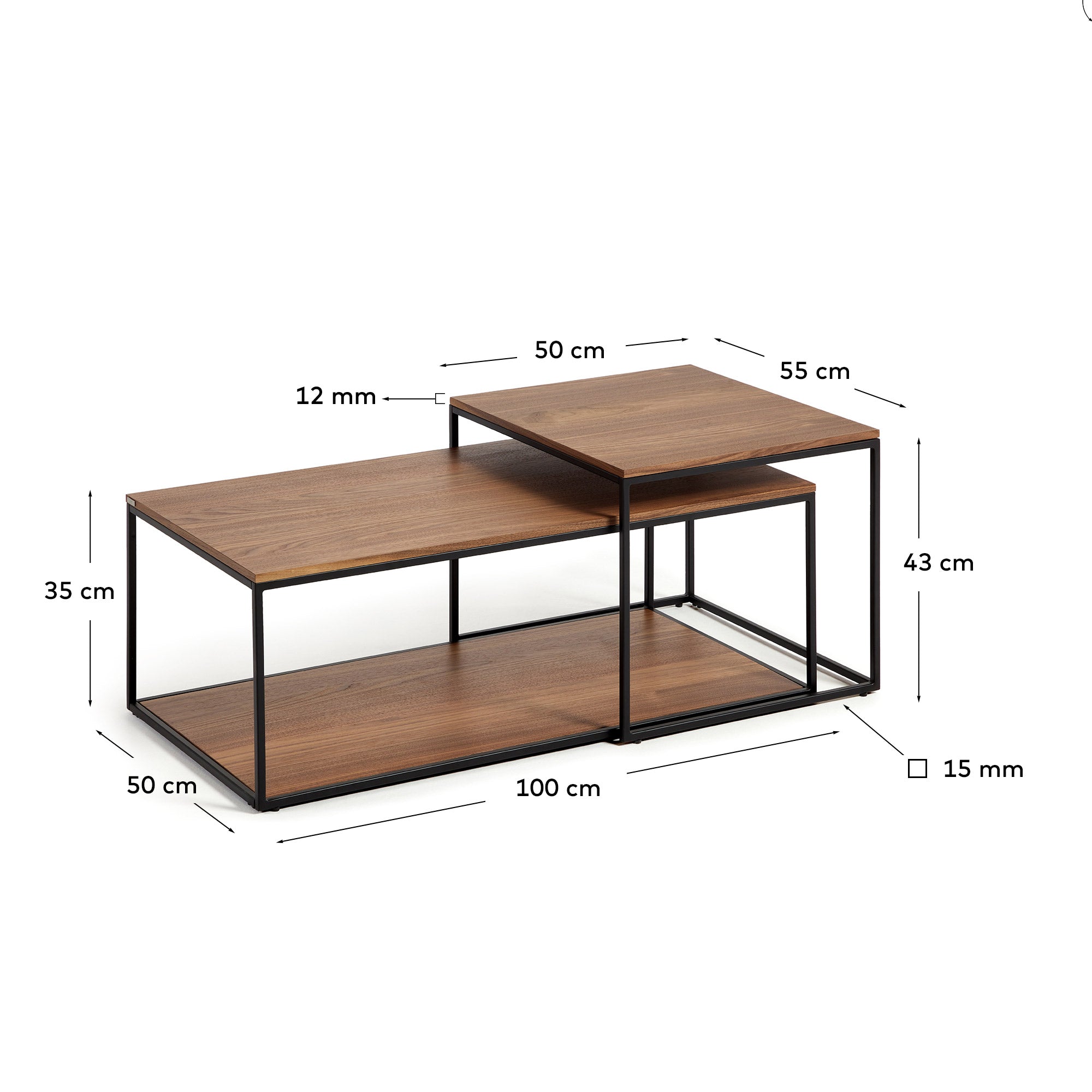 Yoana set of 2 nesting coffee tables with walnut veneer and black painted metal structure - Measurements