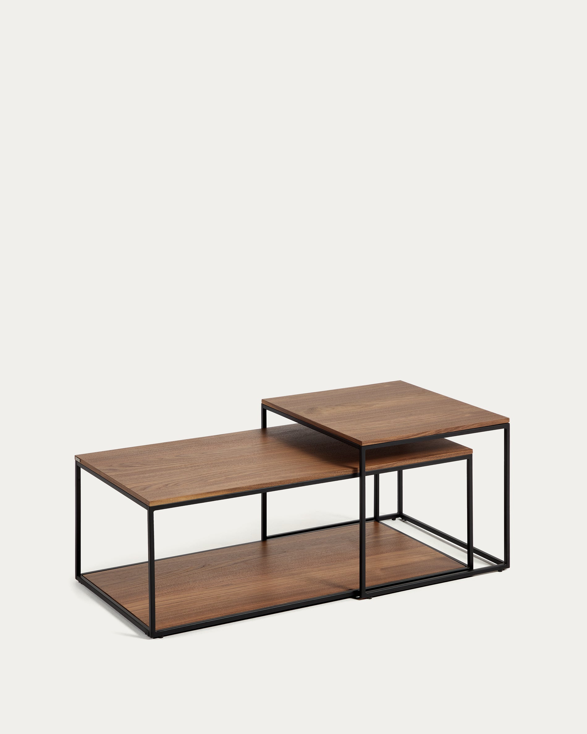 Yoana set of 2 nesting coffee tables with walnut veneer and black painted metal structure - Product View
