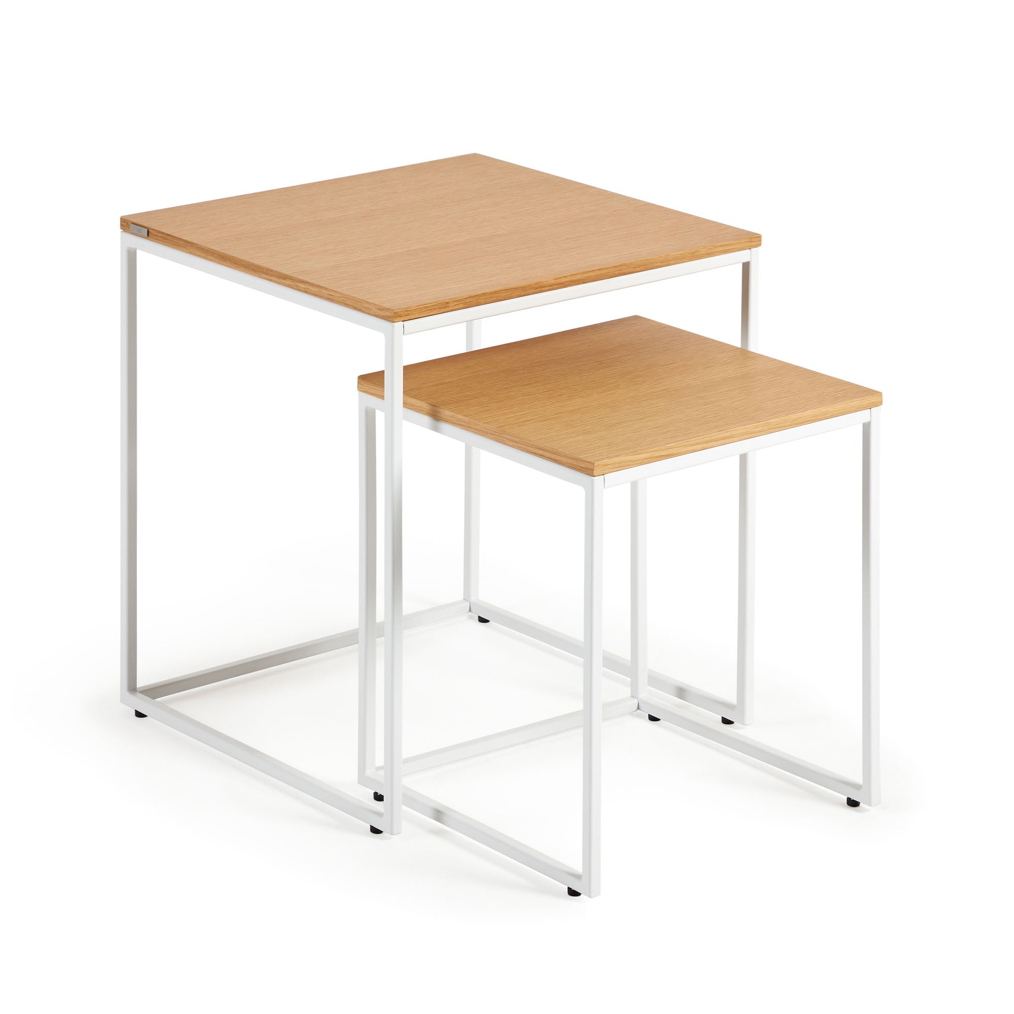 Yoana set of 2 nesting side tables with oak wood veneer and painted white metal structure - Product Image