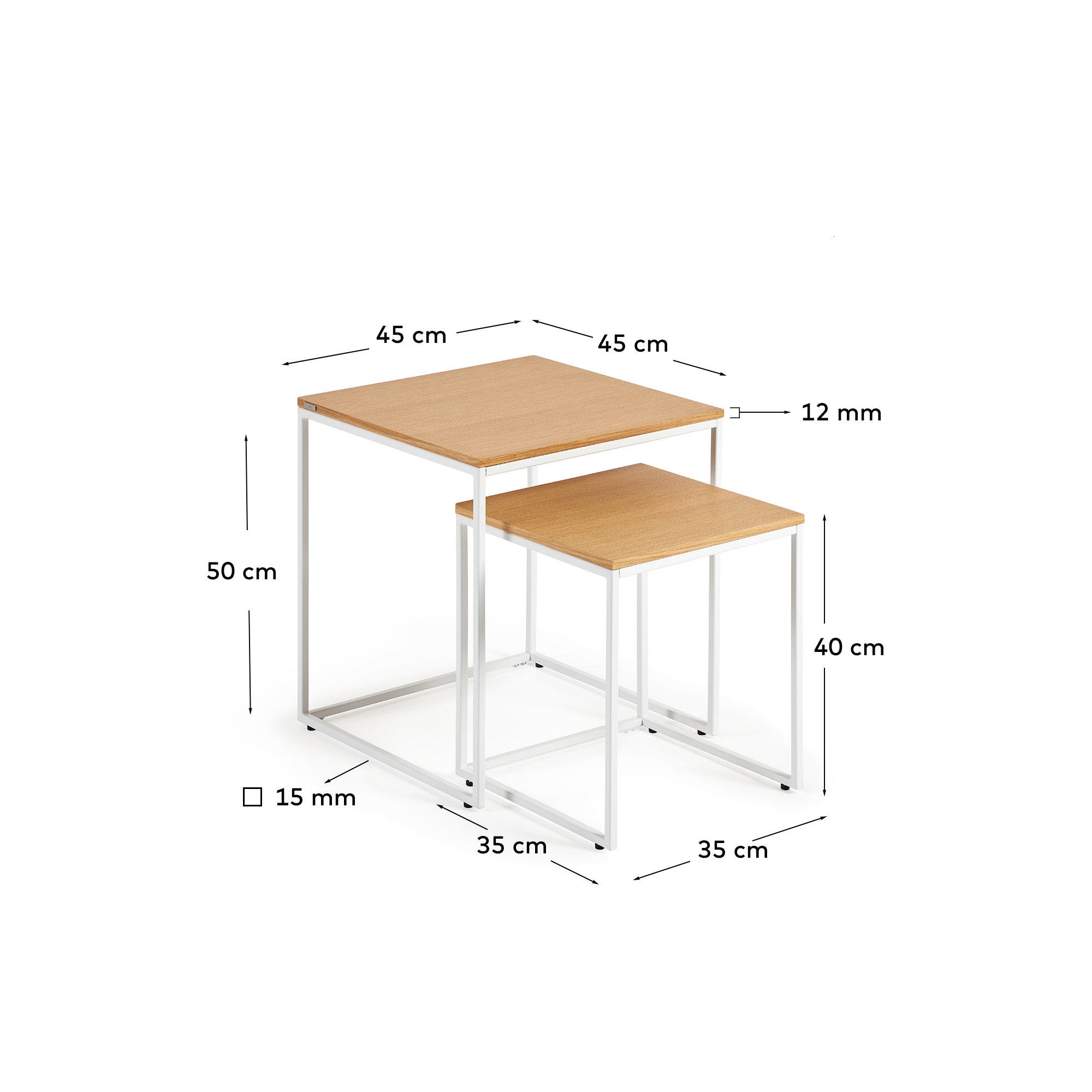 Yoana set of 2 nesting side tables with oak wood veneer and painted white metal structure - Measurements