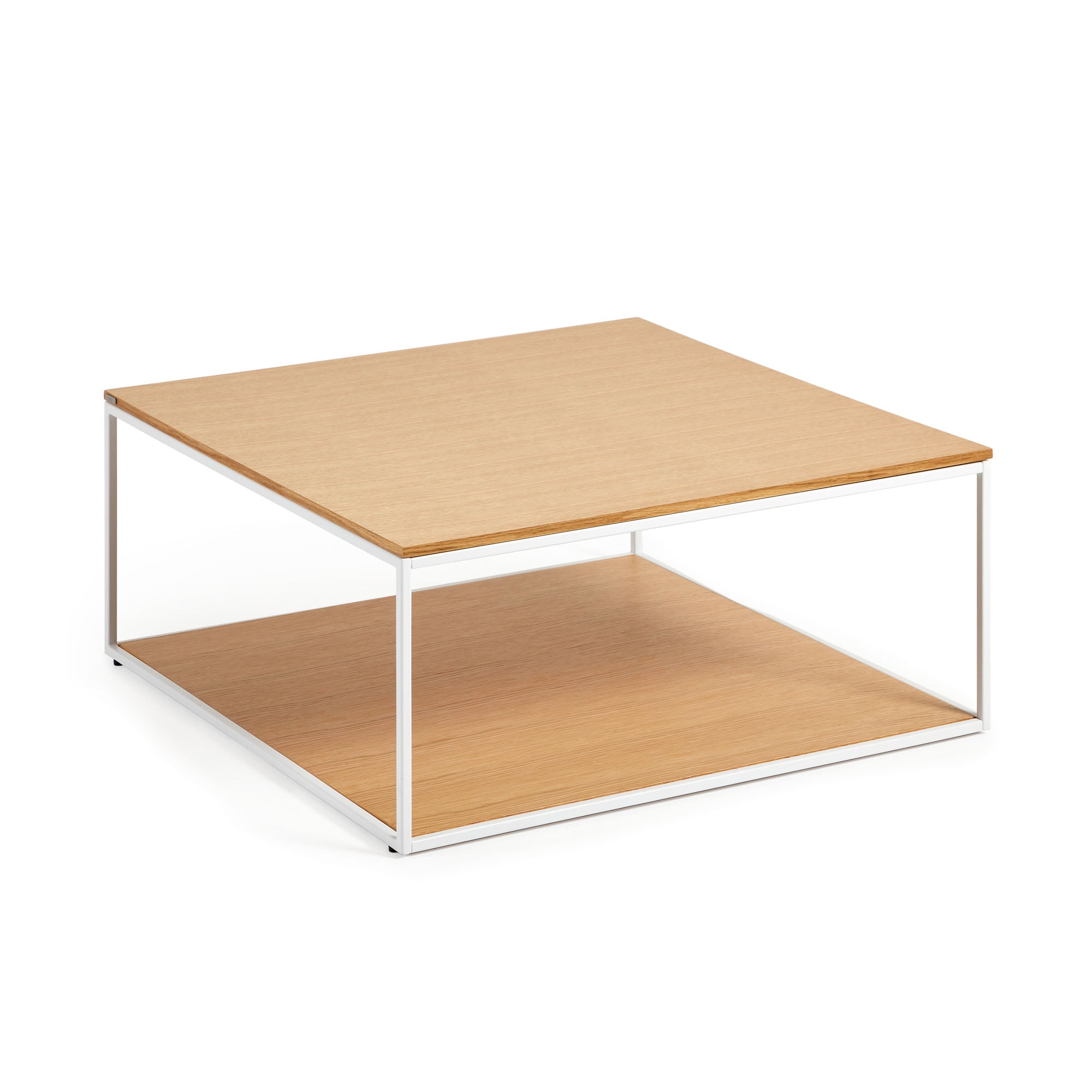 Yoana coffee table with oak veneer table top and base, white metal structure, 80 x 80 cm - Product Image