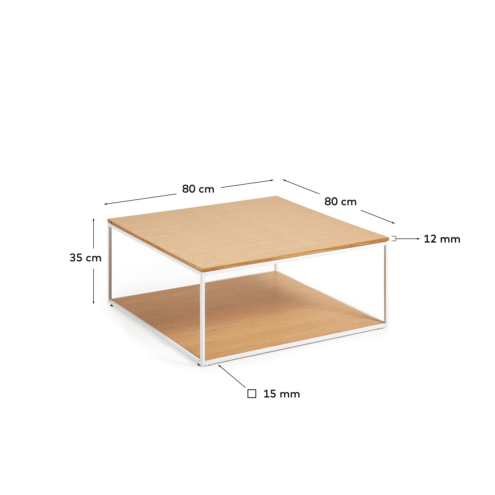 Yoana coffee table with oak veneer table top and base, white metal structure, 80 x 80 cm - Measurements