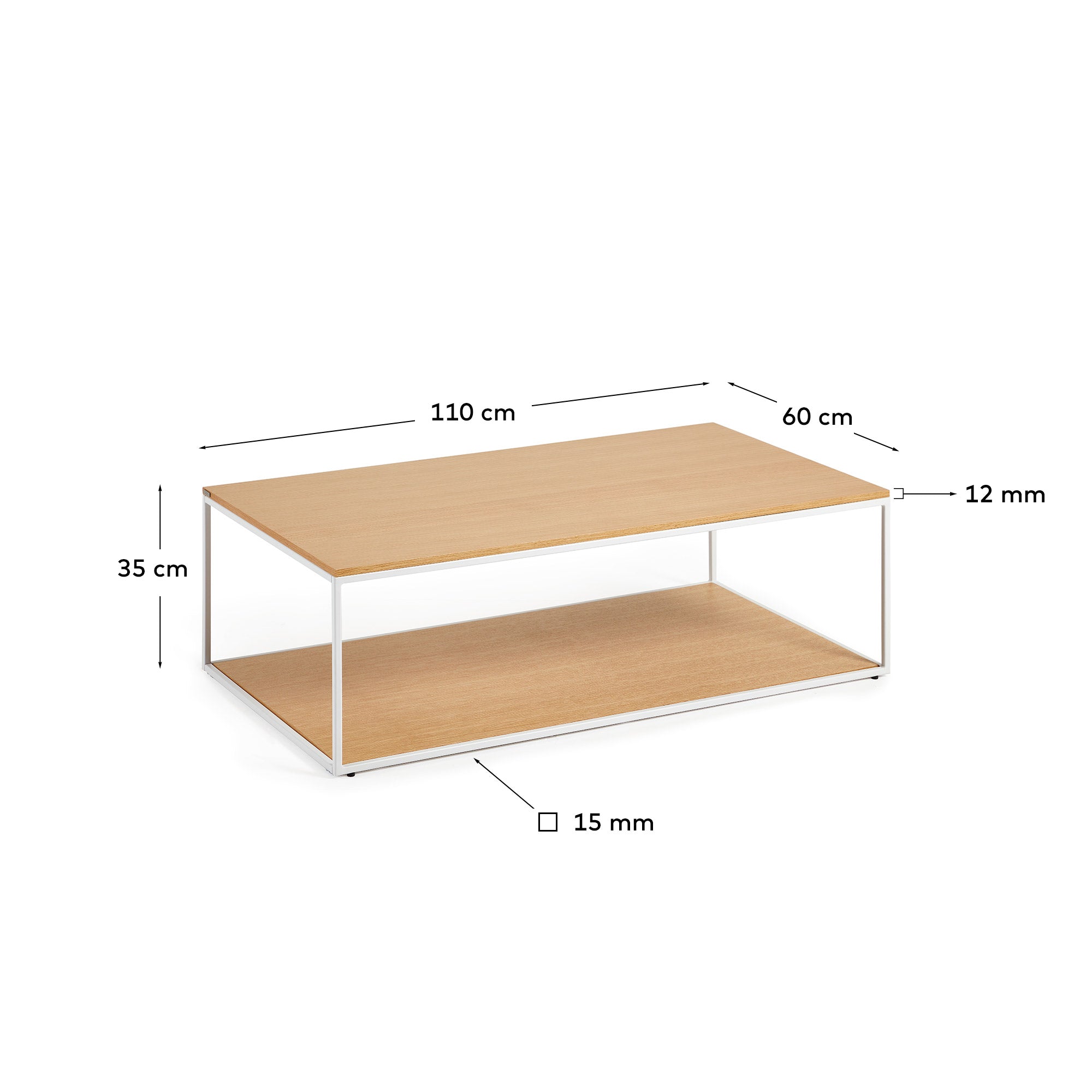 Yoana coffee table with oak veneer table top and base, white metal structure, 110 x 60 cm - Measurements