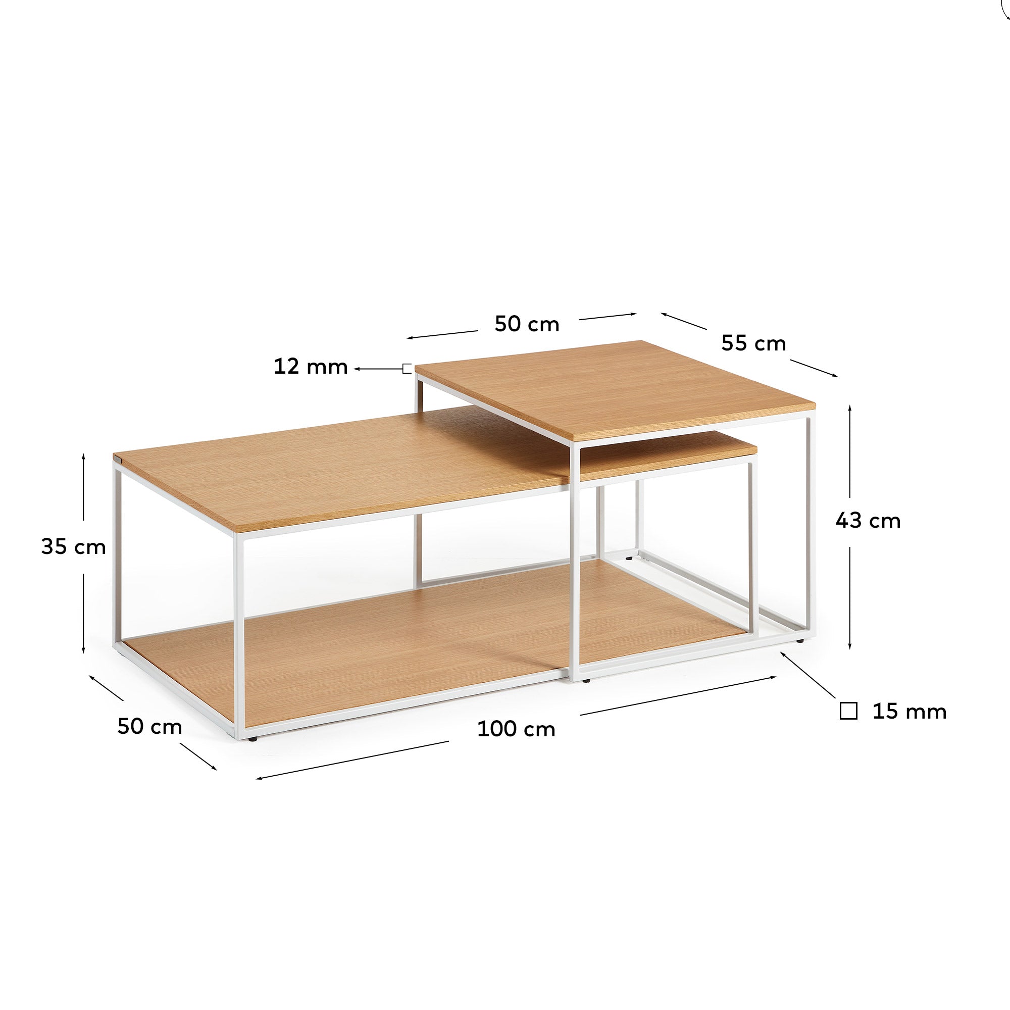 Yoana set of 2 nesting coffee tables with oak veneer and white metal structure - Measurements