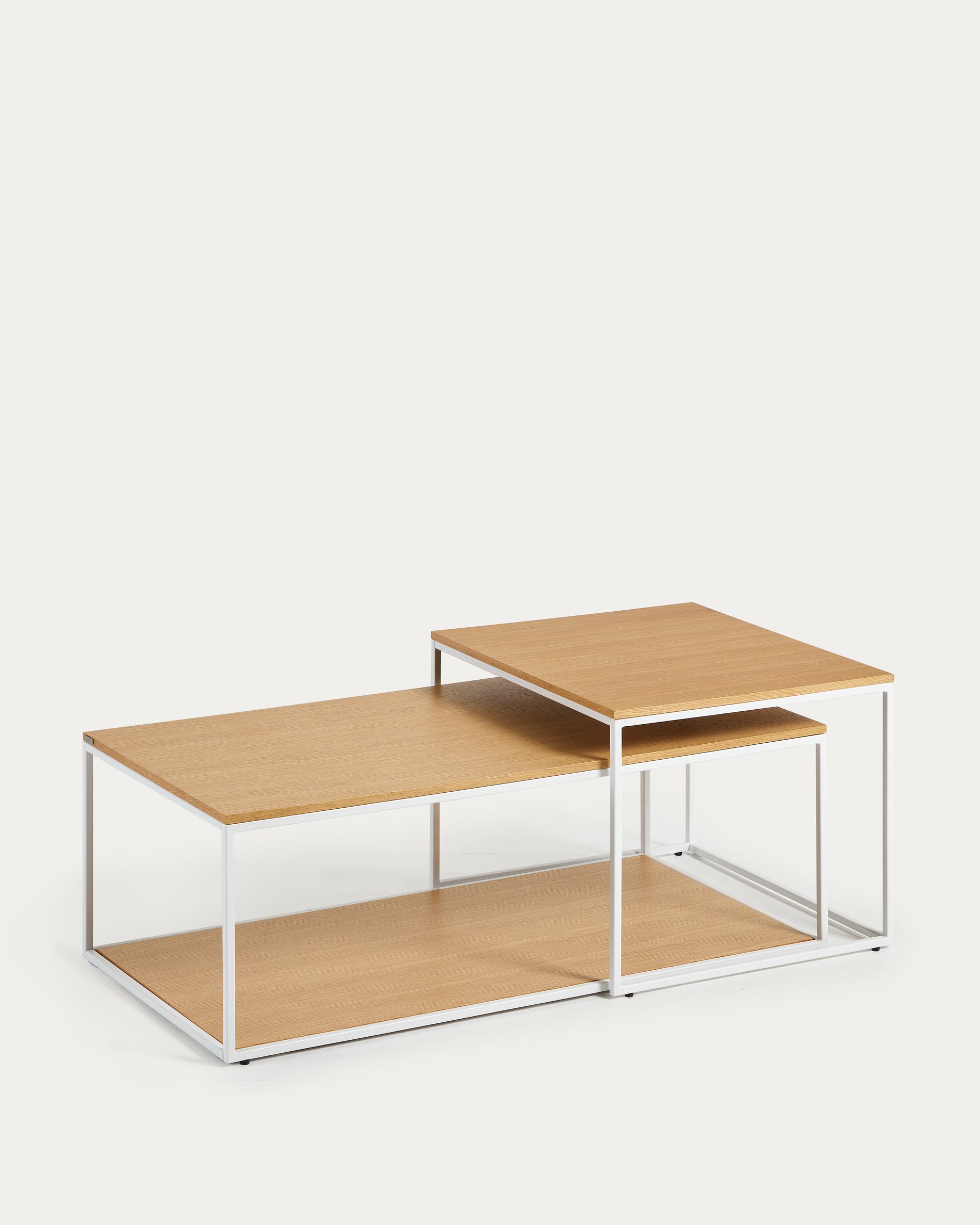 Yoana set of 2 nesting coffee tables with oak veneer and white metal structure - Product View