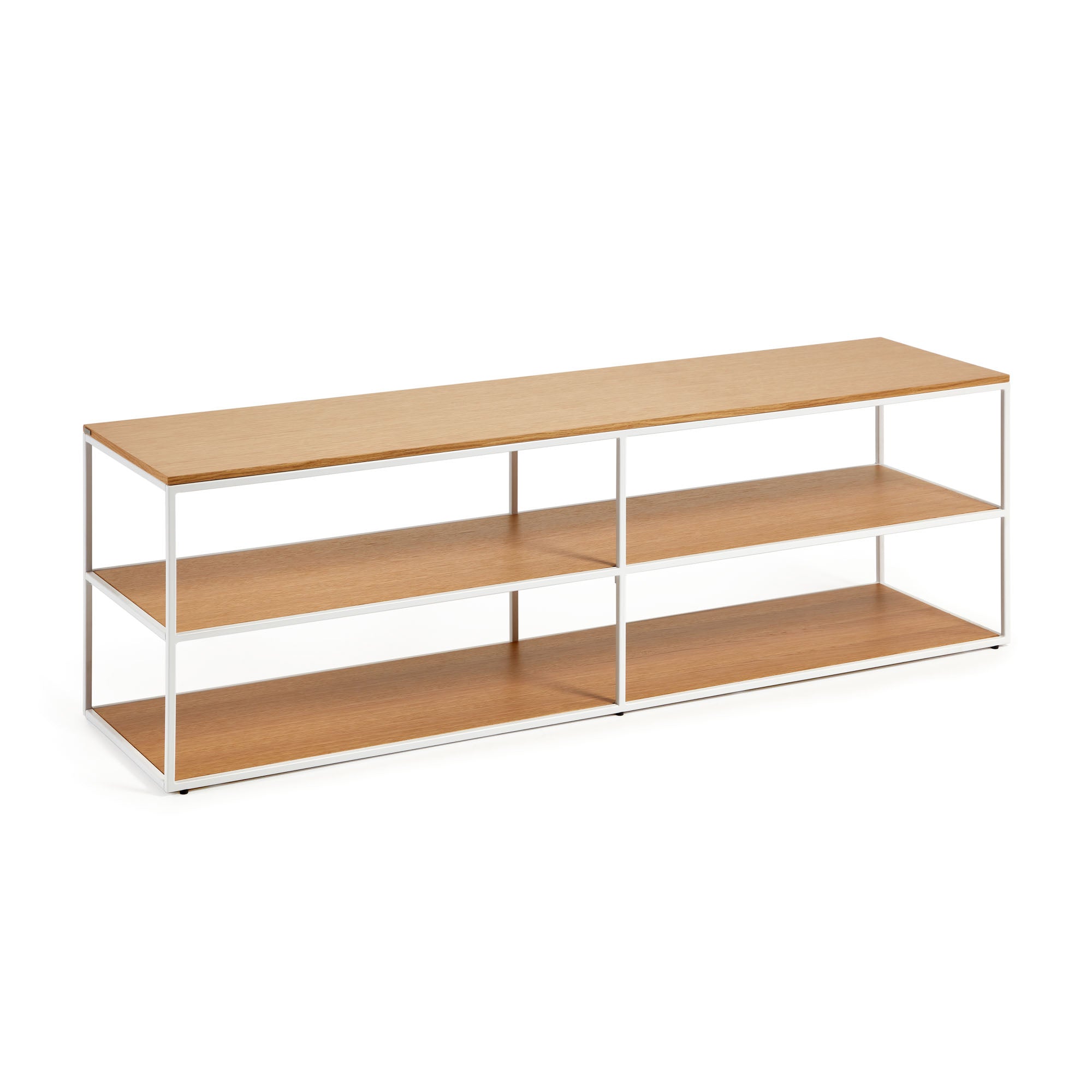 Yoana TV stand with oak veneer and painted white metal structure, 160 x 40 cm - Product Image