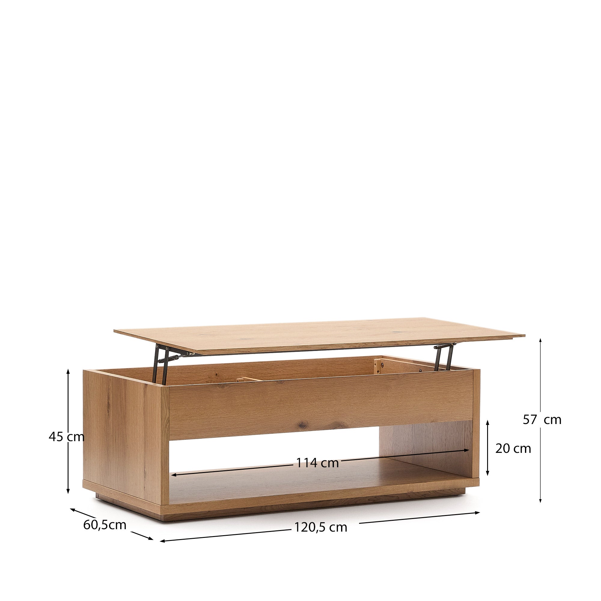 Alguema raisable coffee table in oak veneer with natural finish 120 x 60 cm - Measurements