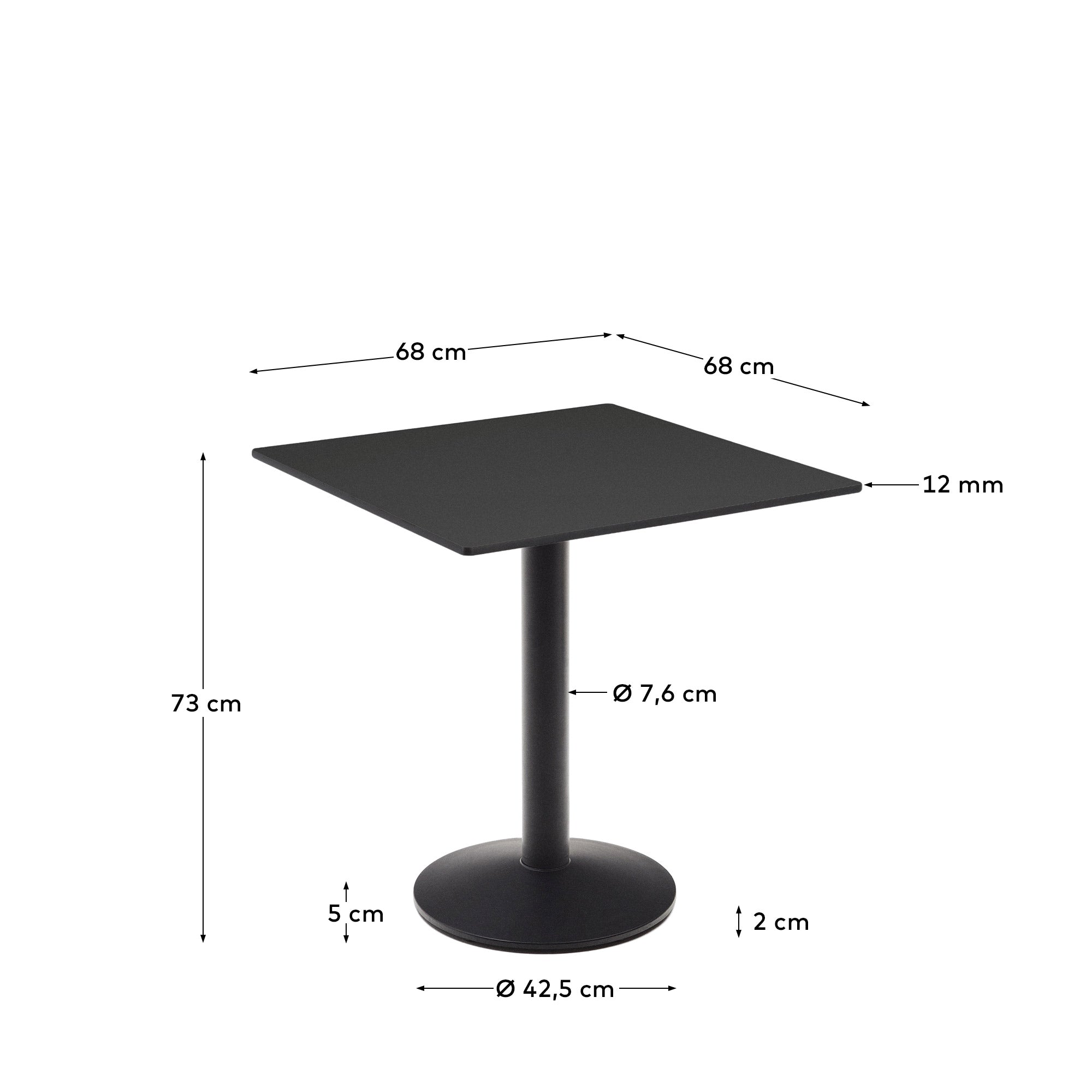 Esilda outdoor table in black with metal leg in a painted black finish, 70 x 70 x 70 cm - Measurements