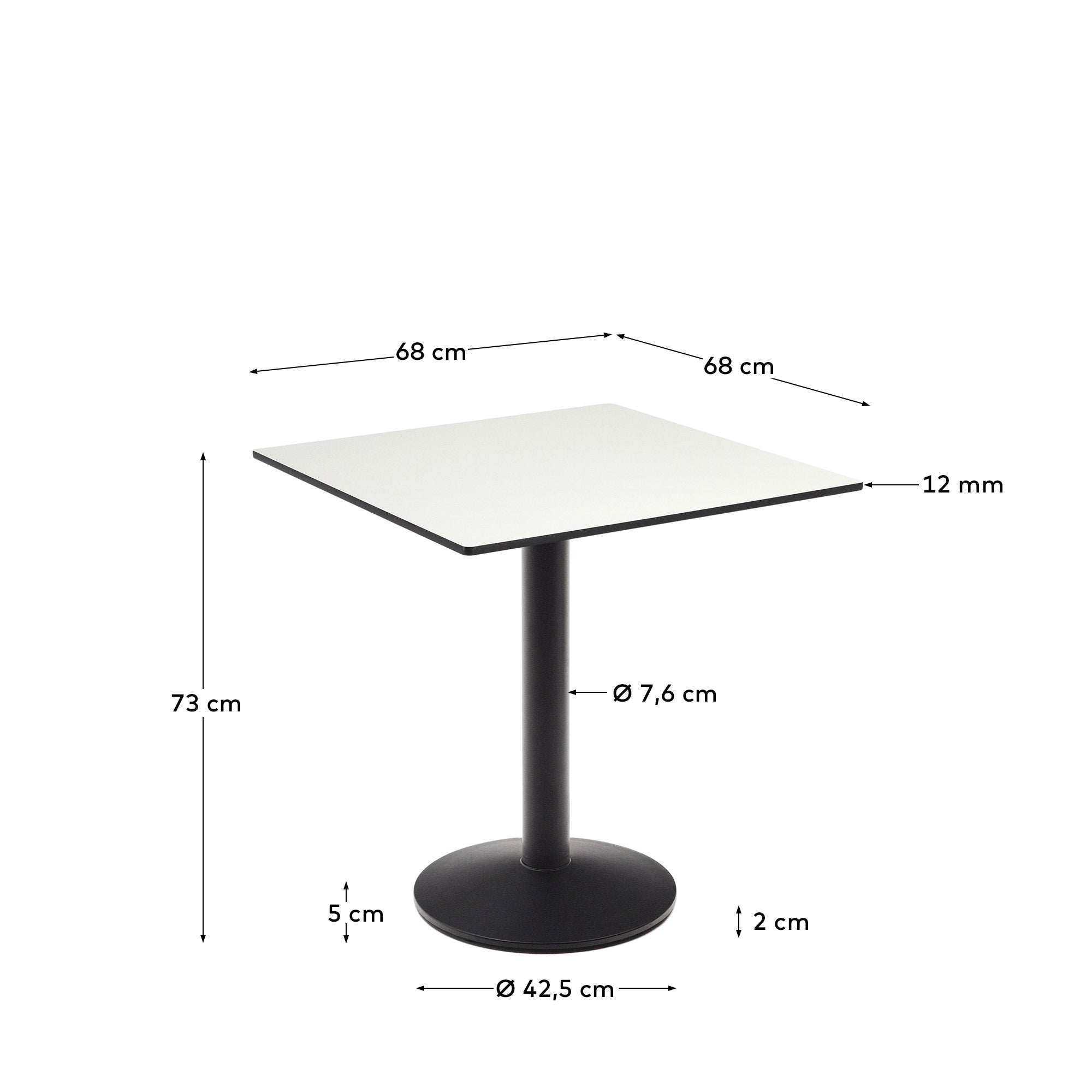 Esilda outdoor table in white with metal leg in a painted black finish, 70 x 70 x 70 cm - Measurements