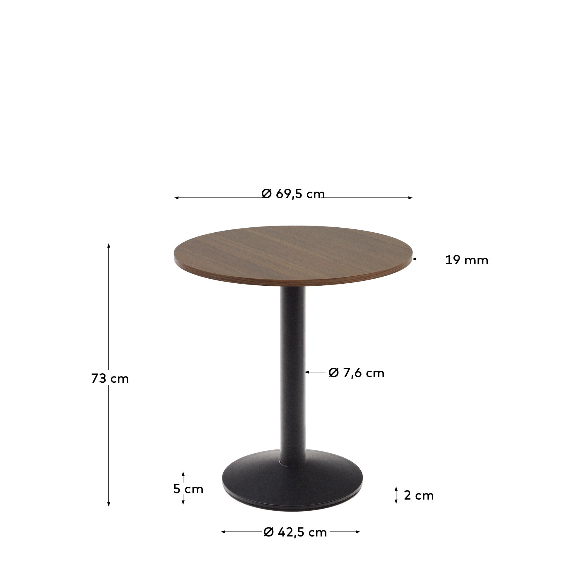Esilda round table in walnut finish melamine with metal leg in a painted black finish, Ø70x70 cm - Measurements