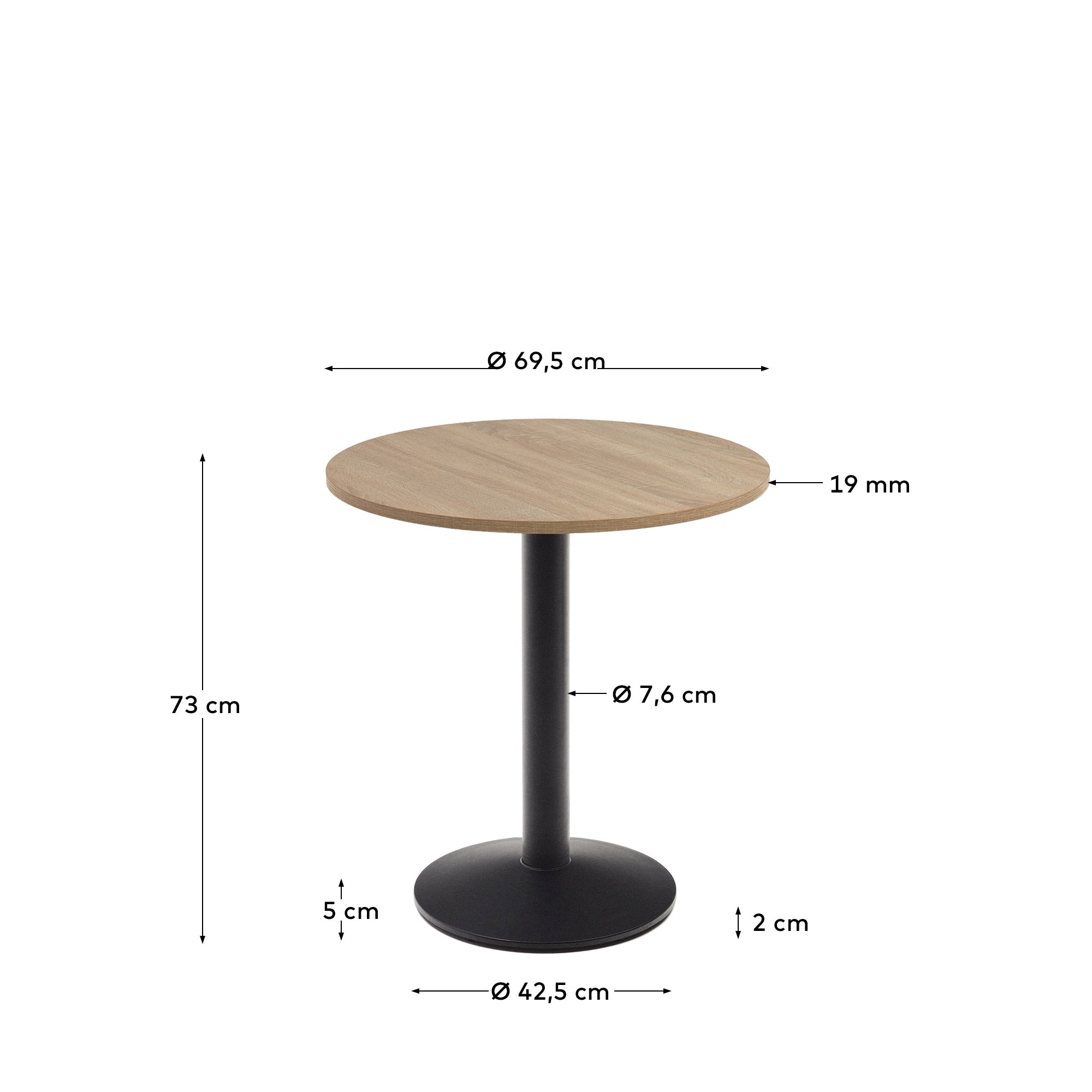 Esilda round table in natural finish melamine with metal leg in a painted black finish, Ø70x70 cm - Measurements