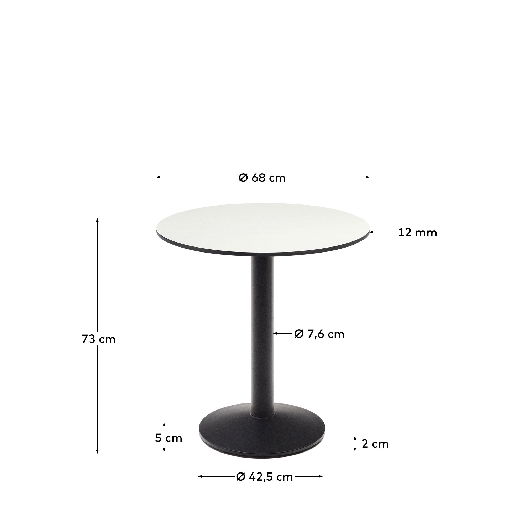 Esilda round outdoor table in white with metal leg in a painted black finish, Ø 70 x 70 cm - Measurements