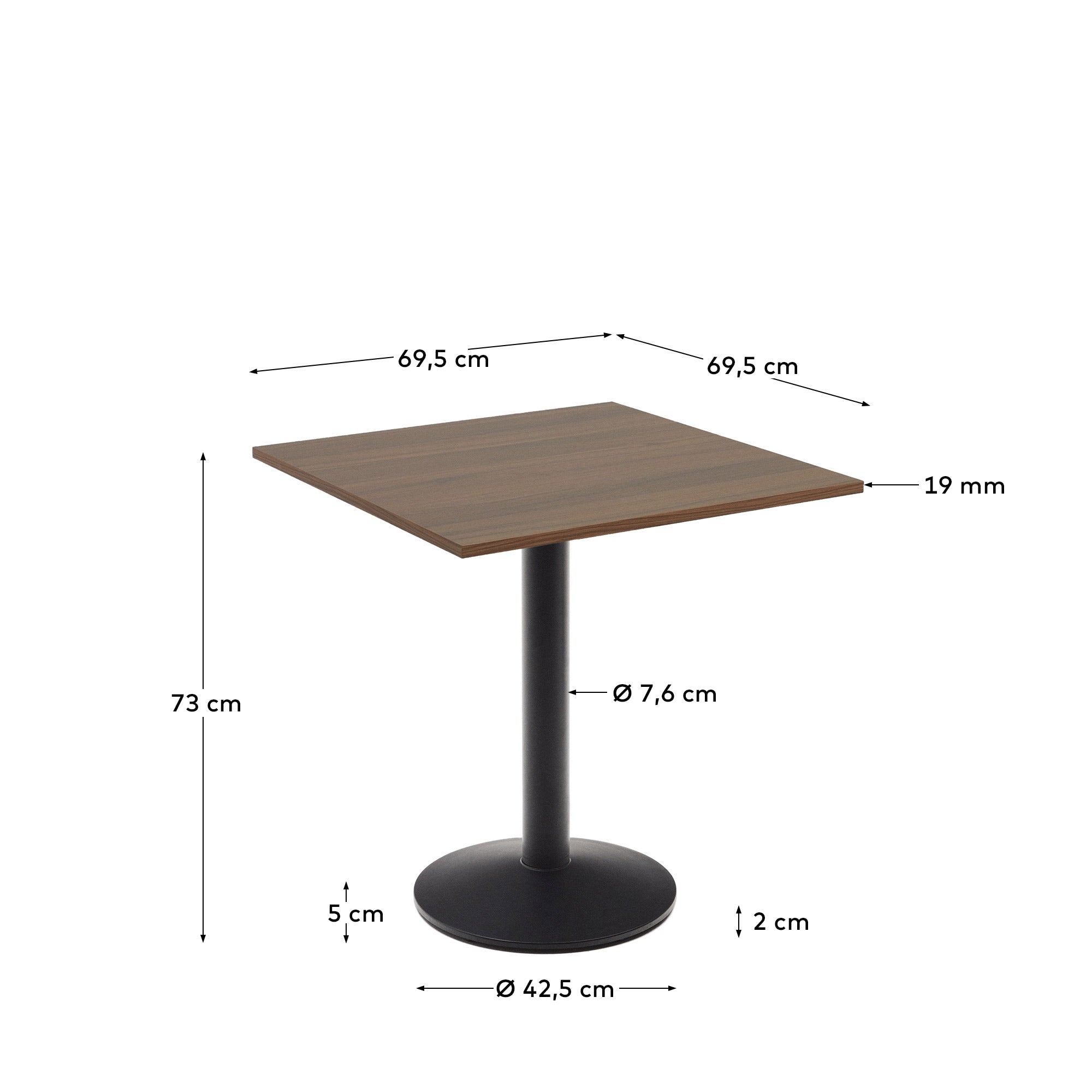 Esilda table in walnut finish melamine with metal leg in a painted black finish, 70 x 70 x 70 cm - Measurements