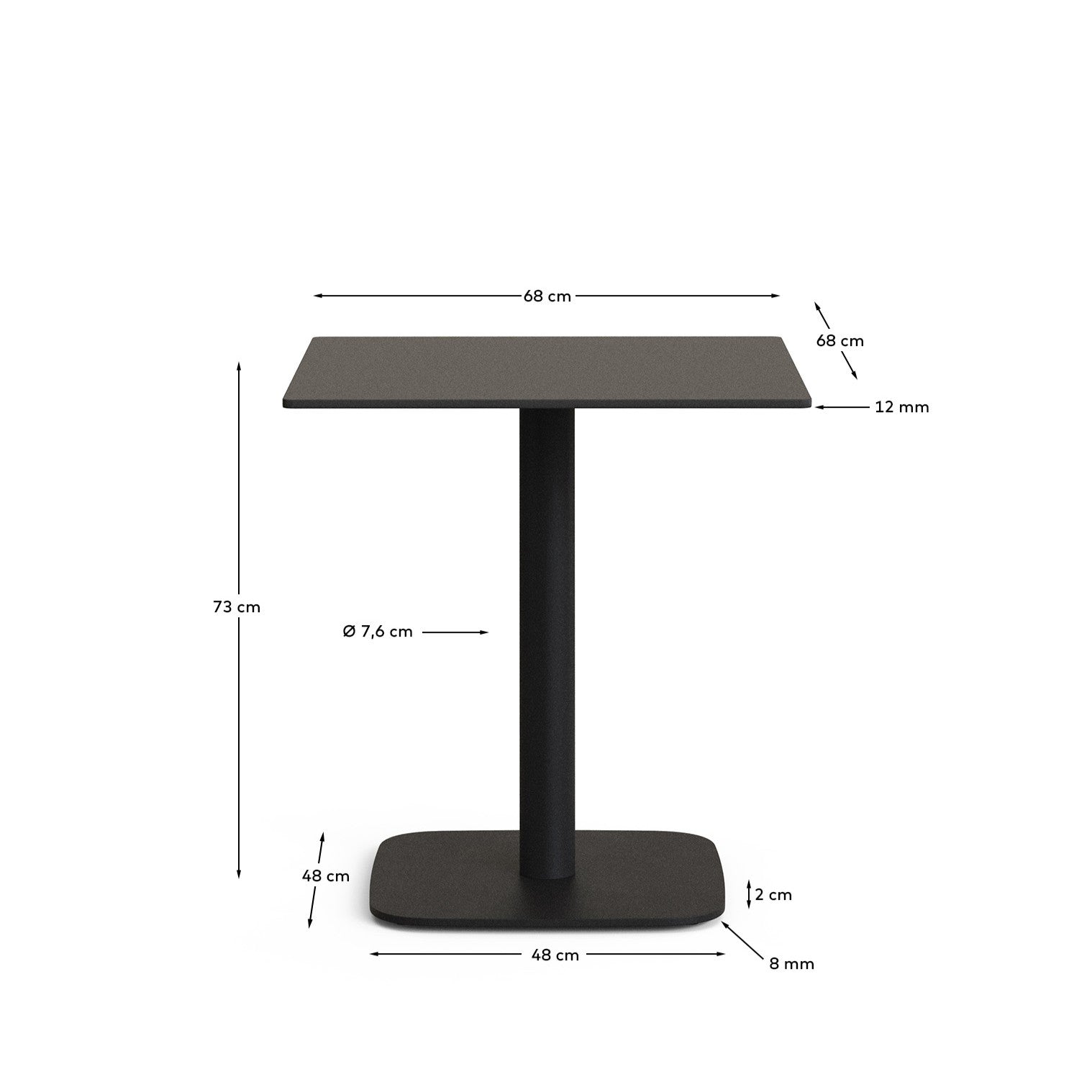 Dina outdoor table in black with metal legal in a painted white finish, 68 x 68 x 70 cm - Measurements