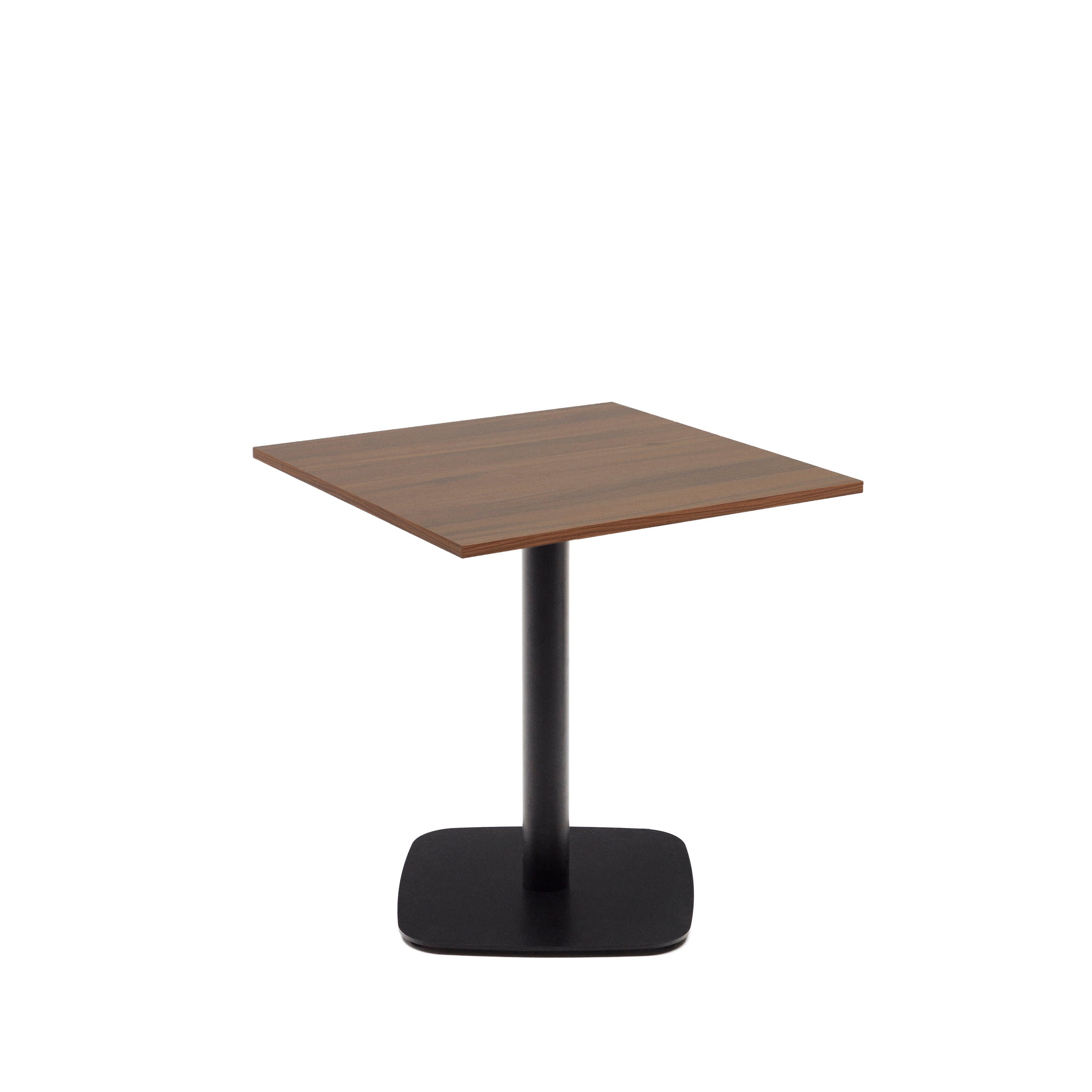 Dina table in walnut finish melamine with metal leg in a painted black finish, 70 x 70 x 70 cm