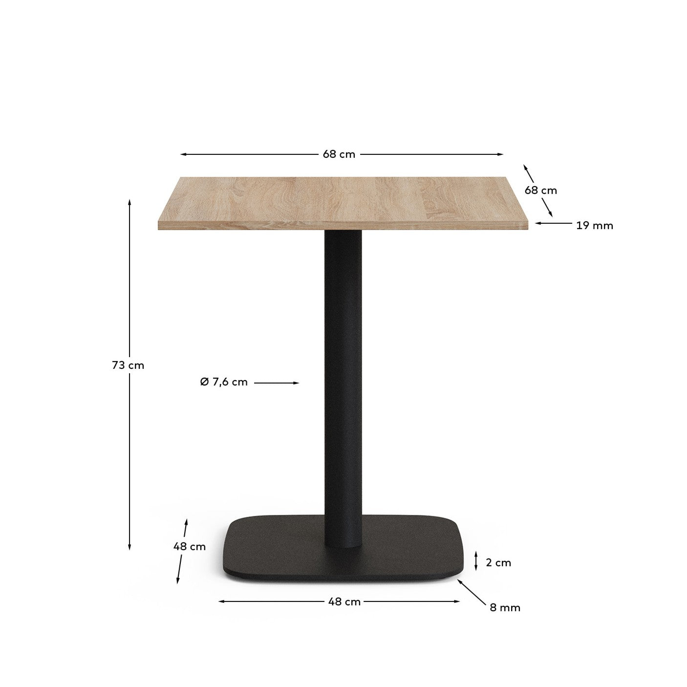 Dina table in natural finish melamine with metal leg in a painted black finish, 70 x 70 x 70 cm - Measurements