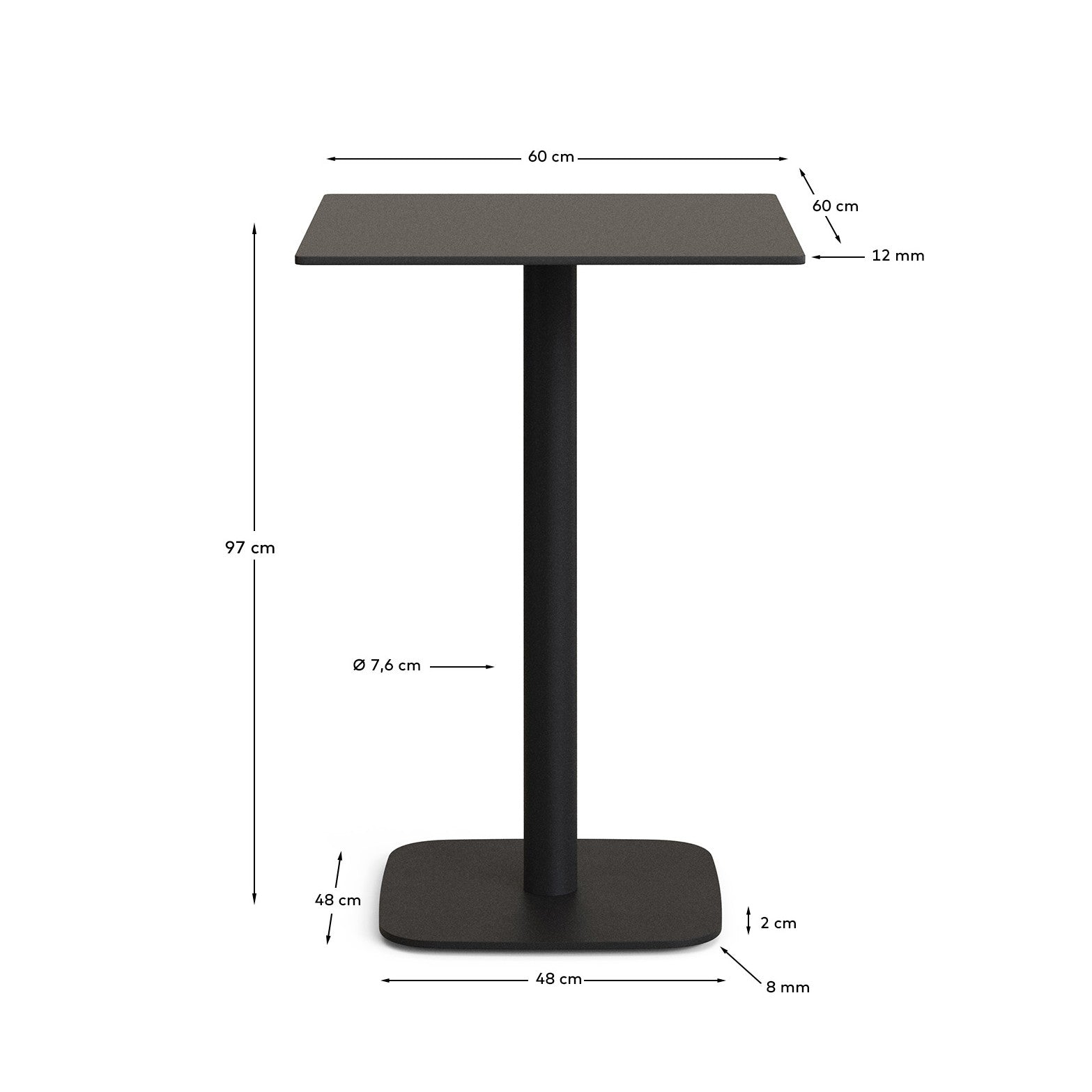 Dina high outdoor table in black with metal leg in a painted black finish, 60 x 60 x 96 cm - Measurements