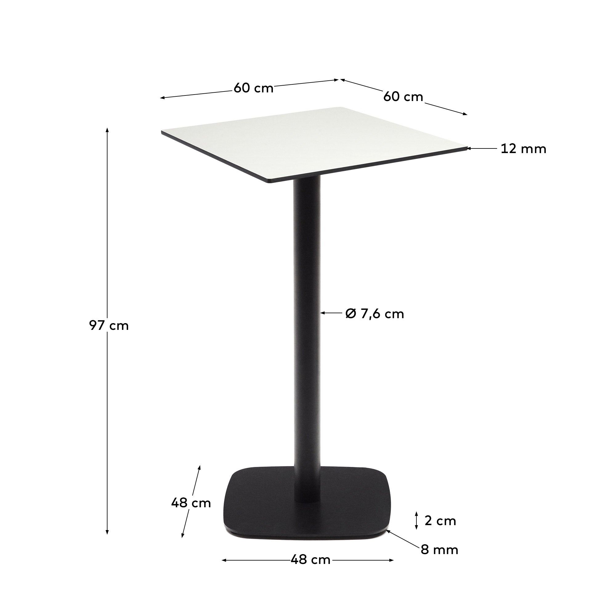 Dina high outdoor table in white with metal leg in a painted black finish, 60x60x96 cm - Measurements